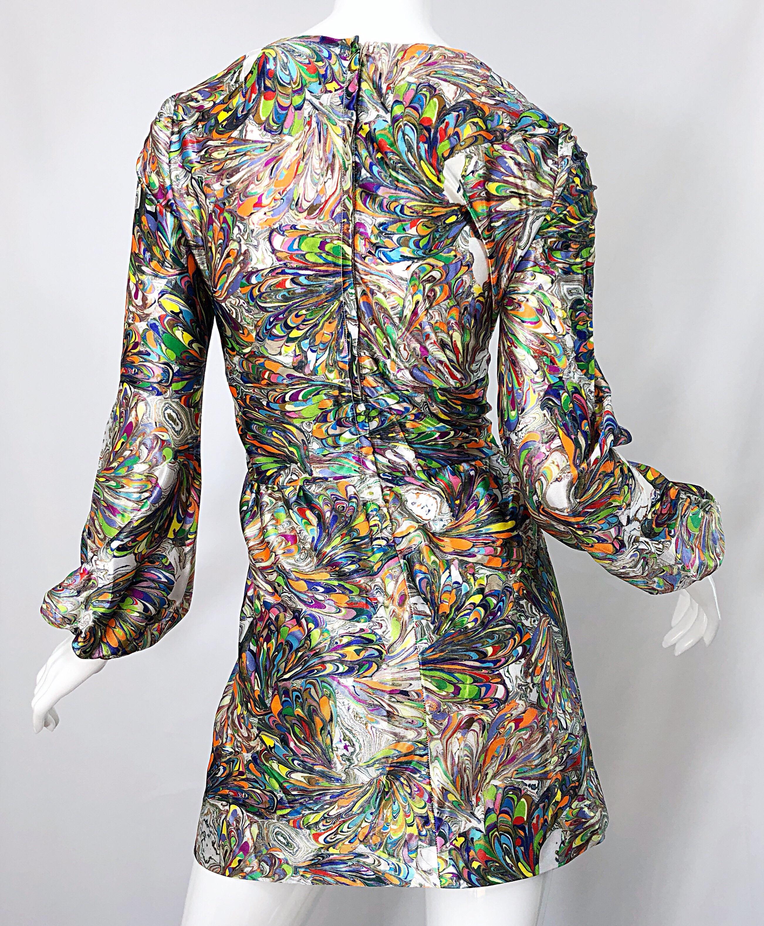 1970s Mosaic Swirl Vibrant Colored Bishop Sleeve Vintage 70s Tunic Dress 3