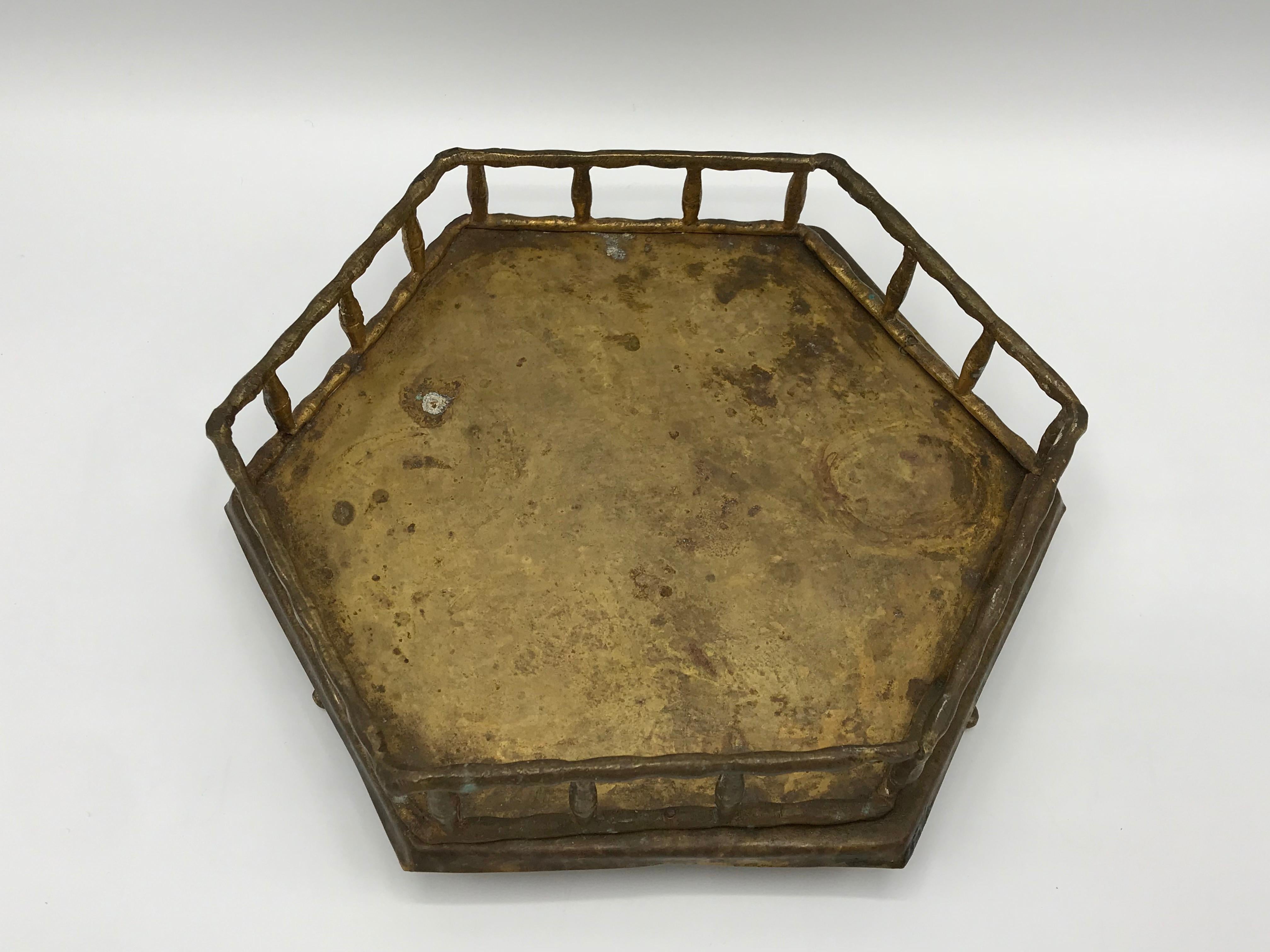 Chinoiserie 1970s Mottahedeh Brass Faux Bamboo Hexagon Tray