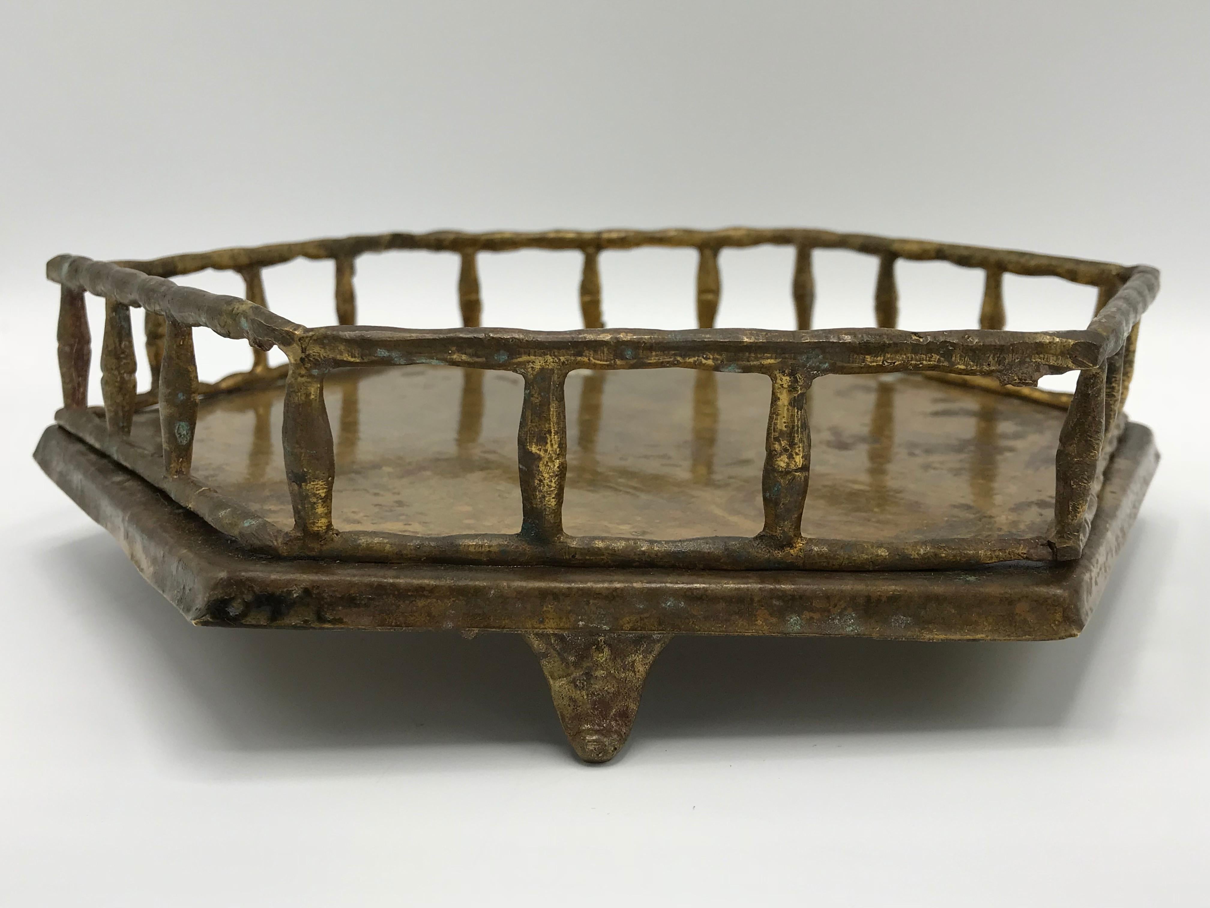 1970s Mottahedeh Brass Faux Bamboo Hexagon Tray In Good Condition In Richmond, VA