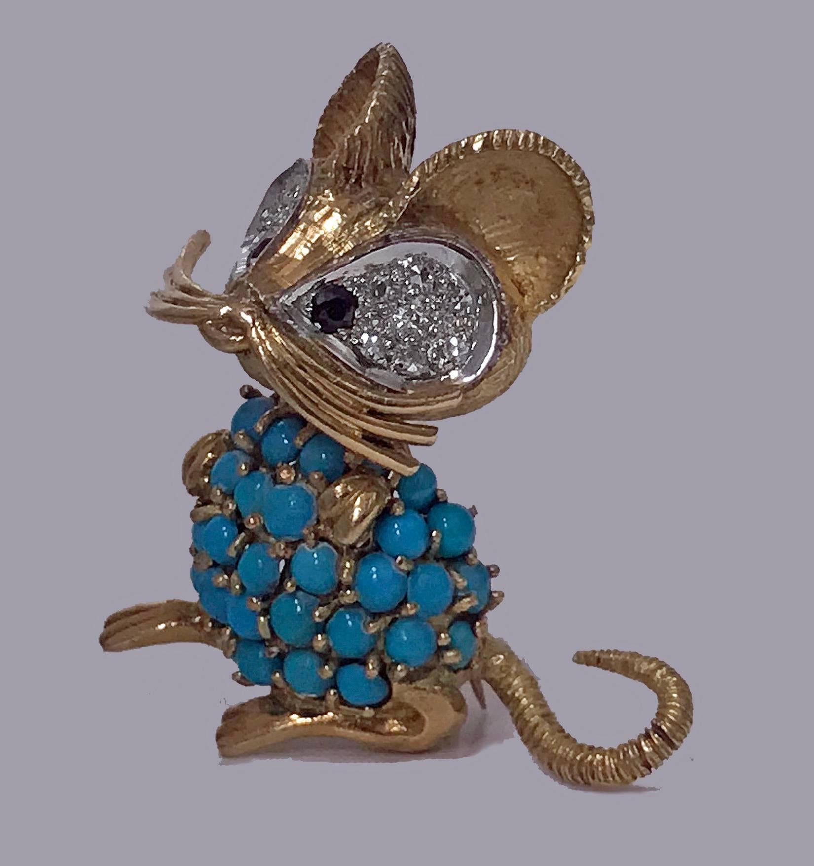 1970s Mouse Pin 18-karat Diamond Turquoise and Sapphire In Excellent Condition In Toronto, Ontario