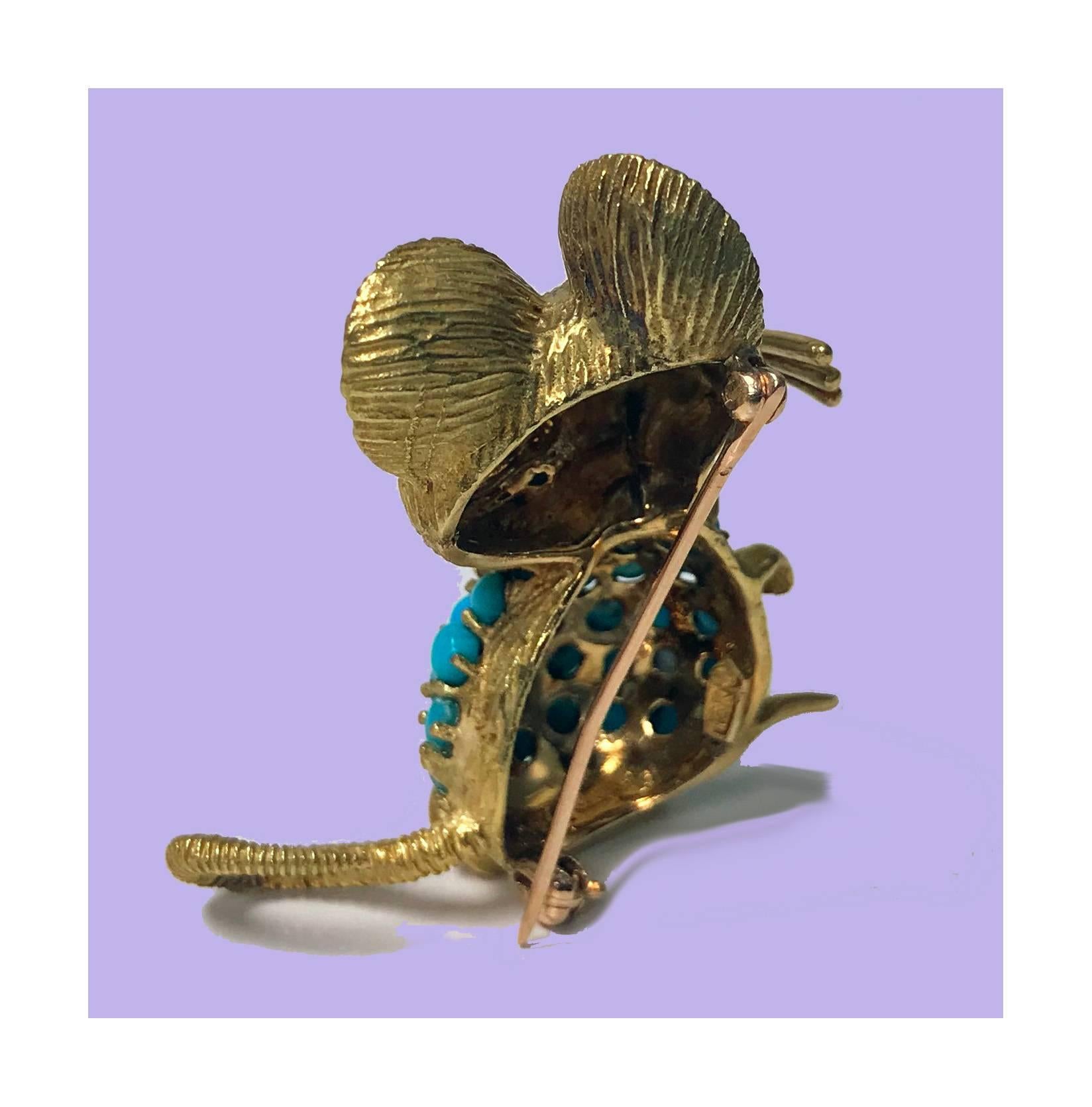 Late 20th Century 1970s Mouse Pin 18-karat Diamond Turquoise and Sapphire