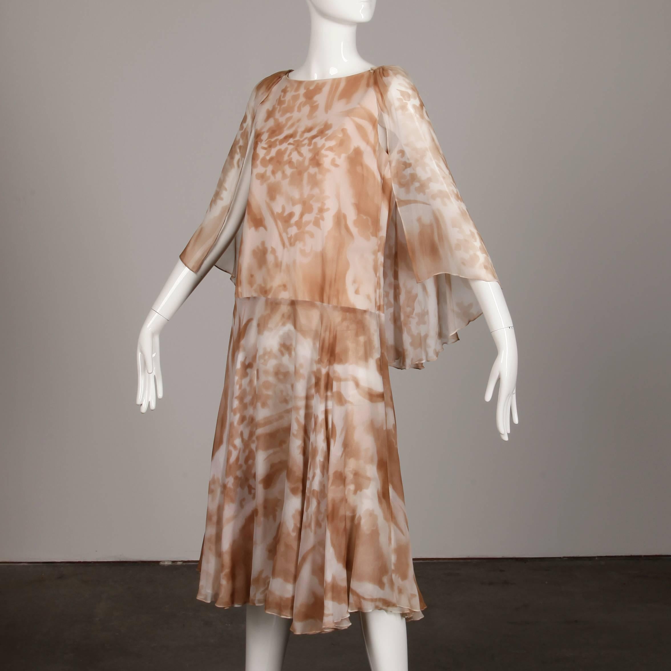 1970s Mr. Blackwell Vintage Sheer Silk Chiffon Print Dress with Detachable Cape In Excellent Condition For Sale In Sparks, NV