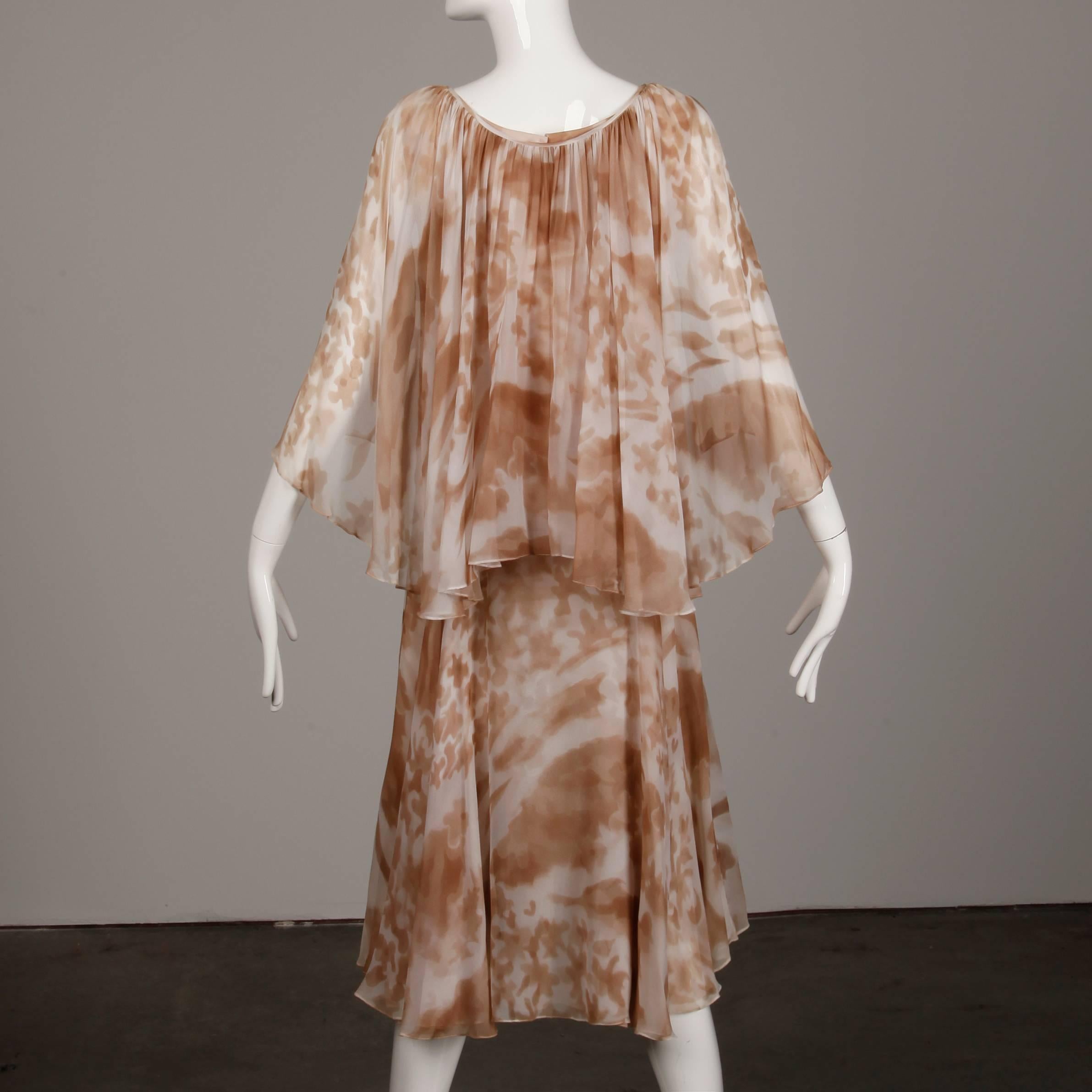 1970s Mr. Blackwell Vintage Sheer Silk Chiffon Print Dress with Detachable Cape For Sale 3