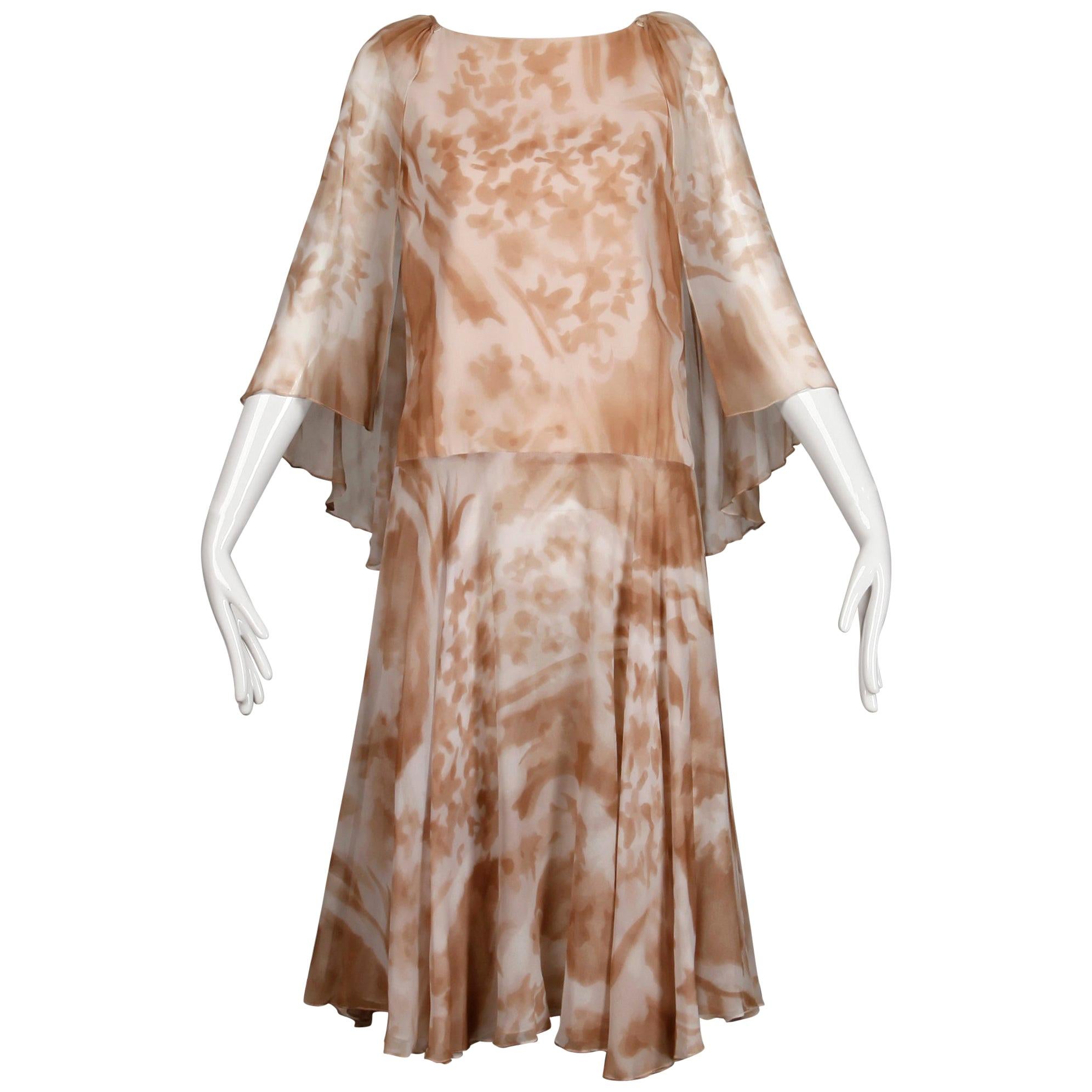 1970s Mr. Blackwell Vintage Sheer Silk Chiffon Print Dress with Detachable Cape