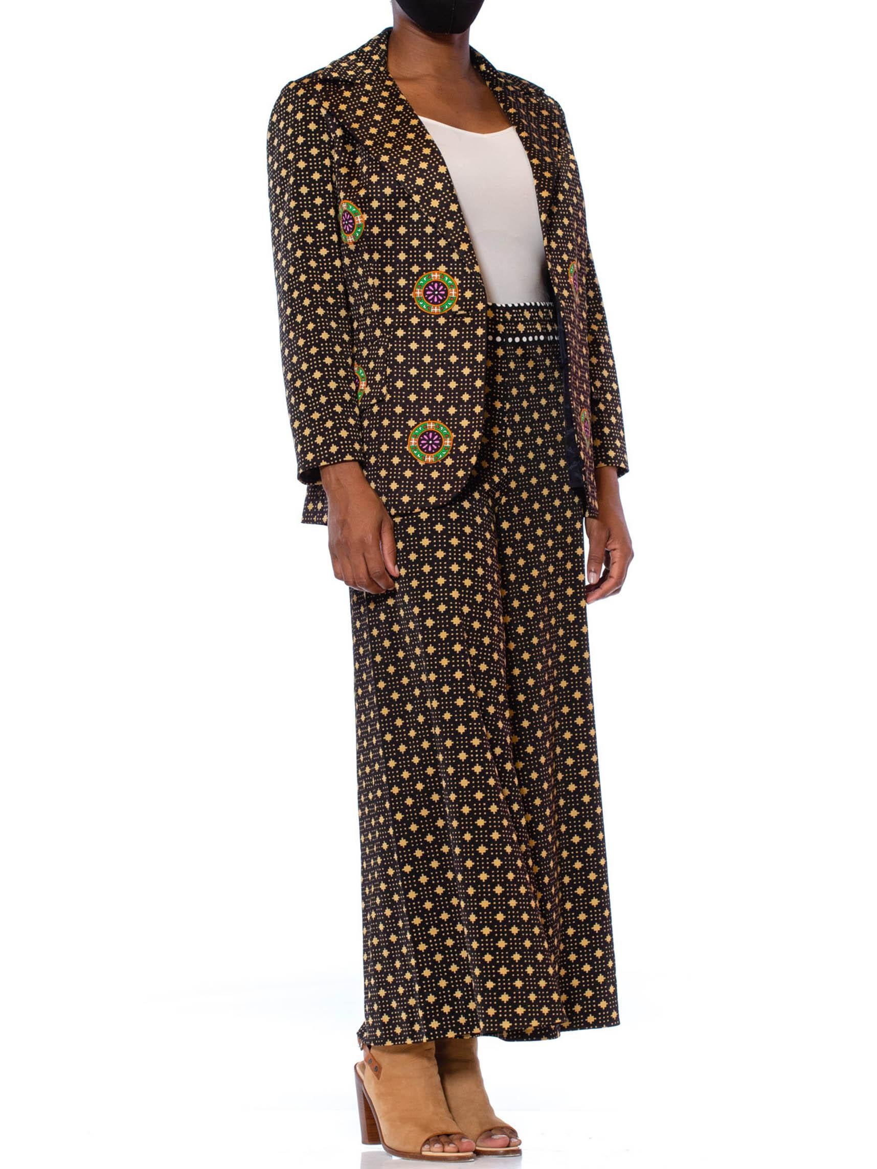 1970S MR DINO Black & Gold Polyester Jersey Geometric Print Pant Suit 1