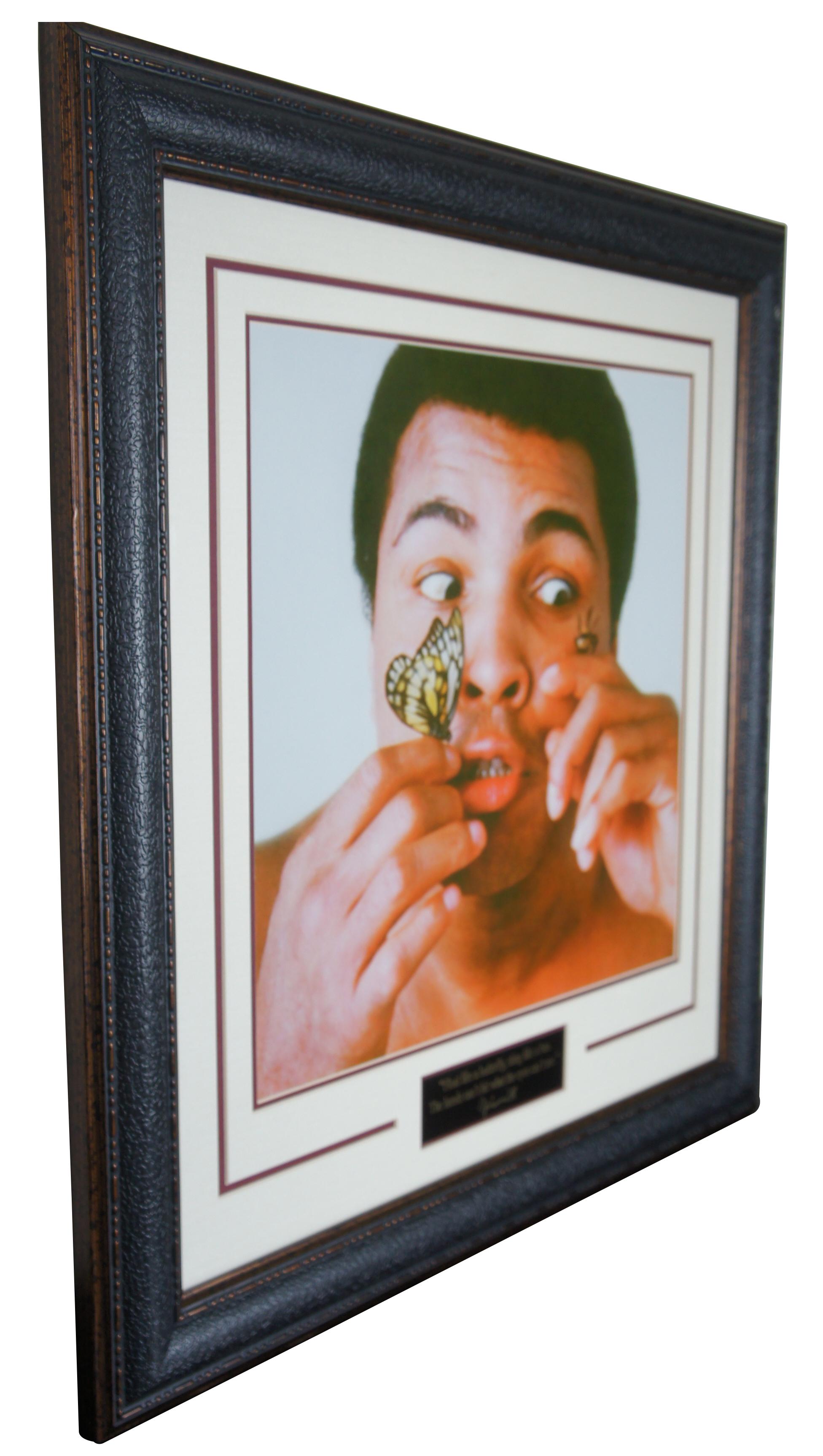 Late 1970s outtake photo print from Muhammad Ali’s promotional shoot for Pepsi Cola. Portray’s Ali looking anxiously at the bee one his right hand while also balancing a butterfly on his left. Below is the full quote: “Float like a butterfly, Sting