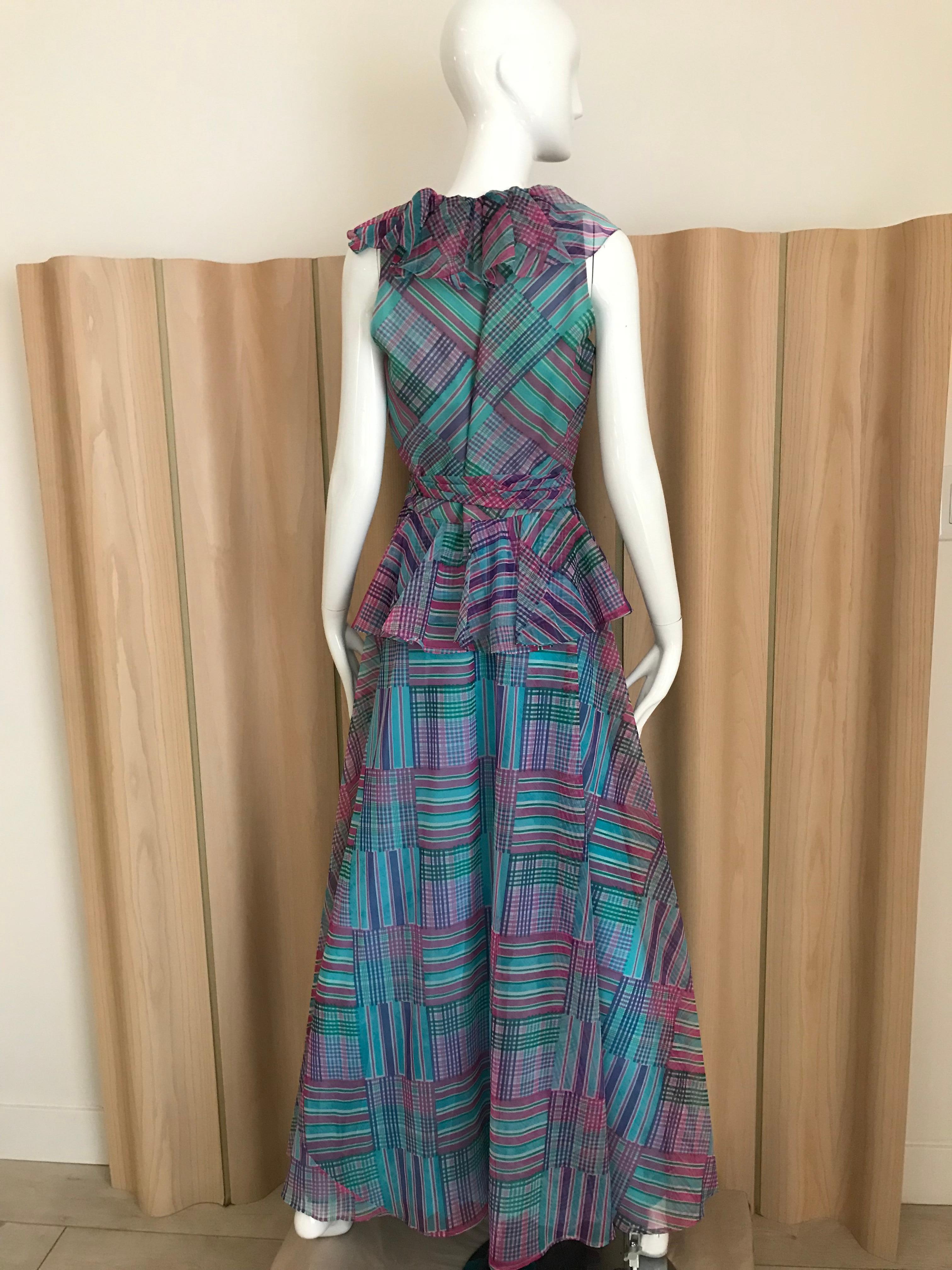 Gray 1970s Multi Color Blue, Green and Pink Ruffle Maxi Silk Dress