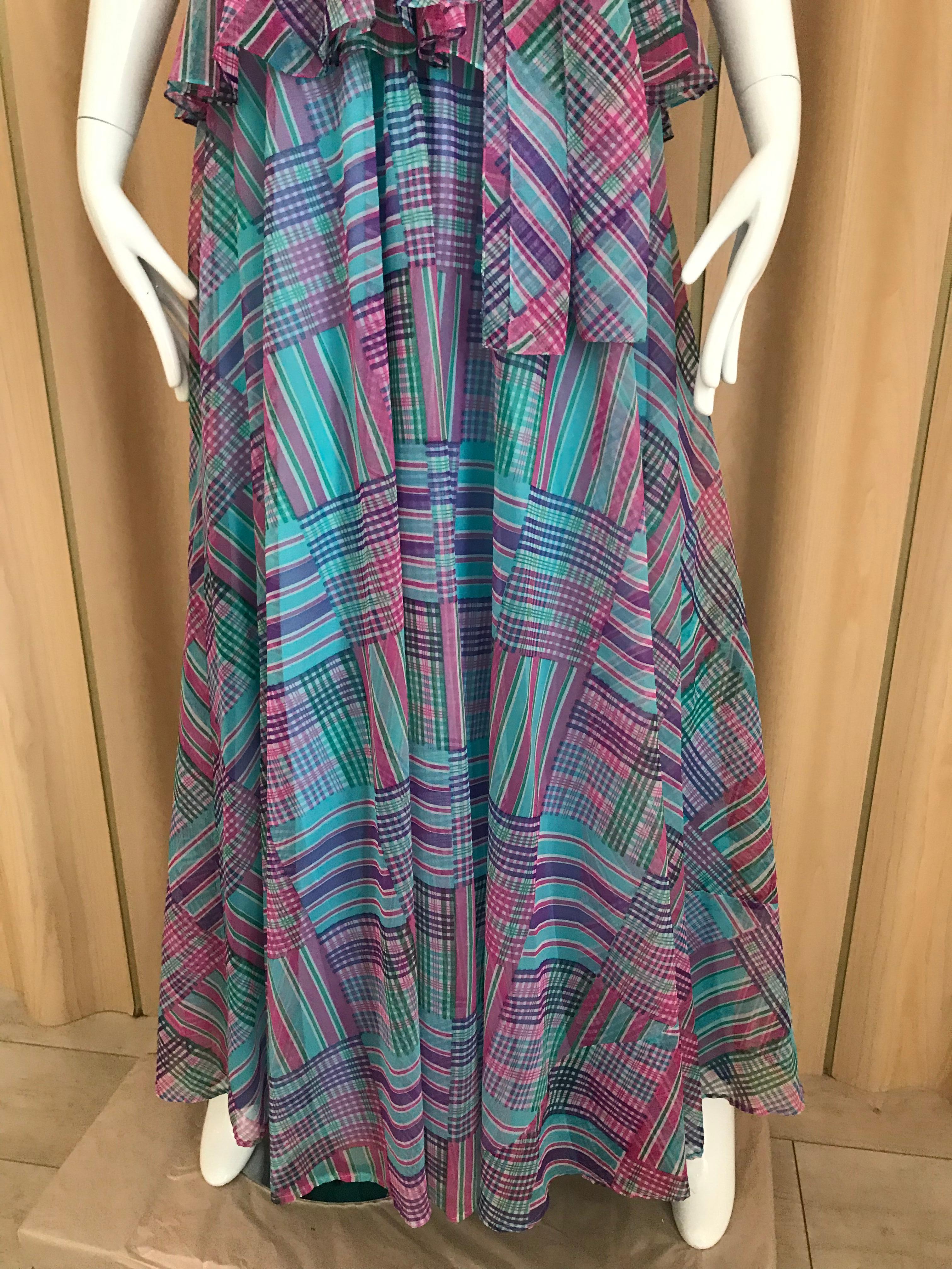 1970s Multi Color Blue, Green and Pink Ruffle Maxi Silk Dress In Good Condition In Beverly Hills, CA