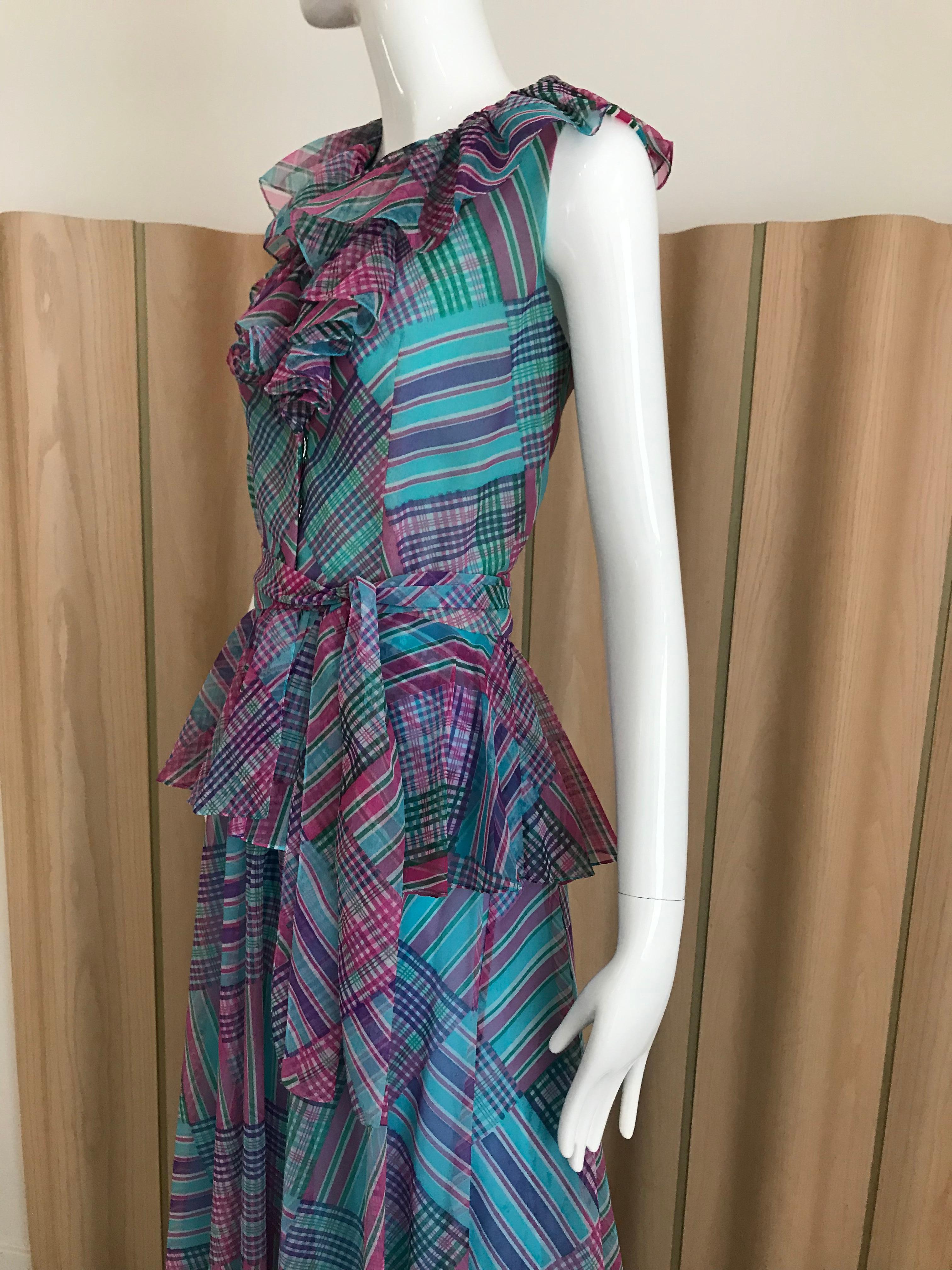 Women's 1970s Multi Color Blue, Green and Pink Ruffle Maxi Silk Dress