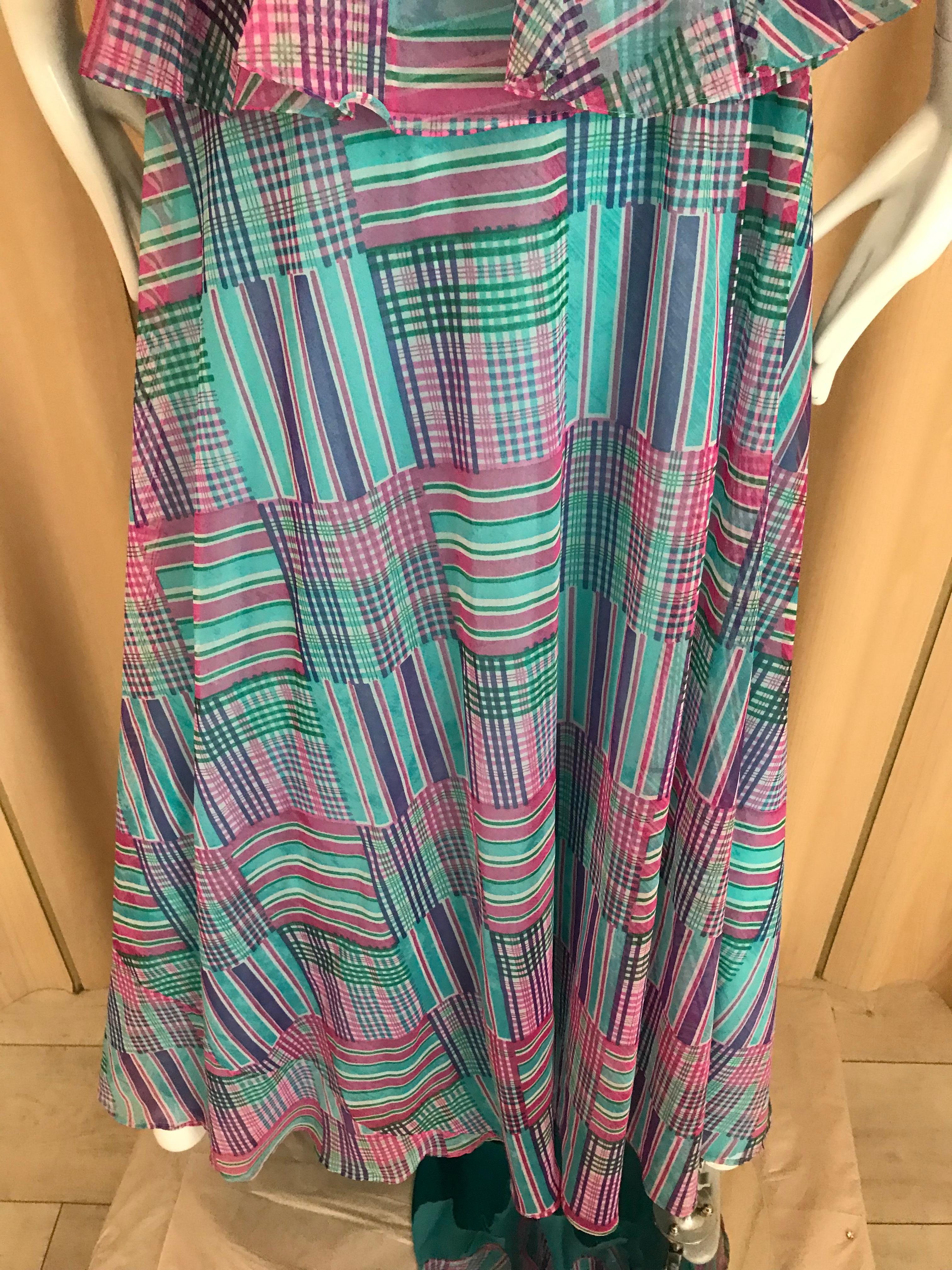 1970s Multi Color Blue, Green and Pink Ruffle Maxi Silk Dress 2