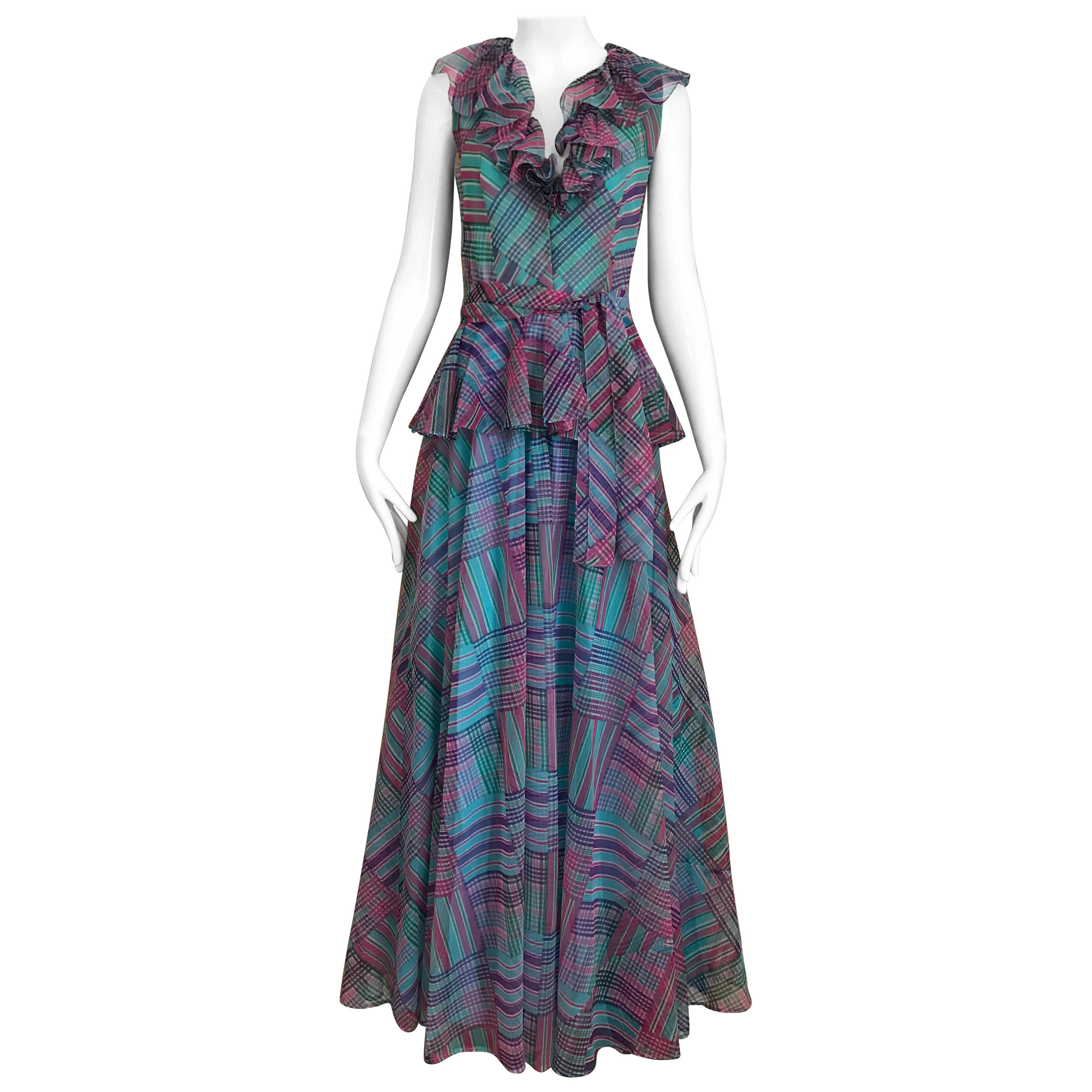 1970s Multi Color Blue, Green and Pink Ruffle Maxi Silk Dress