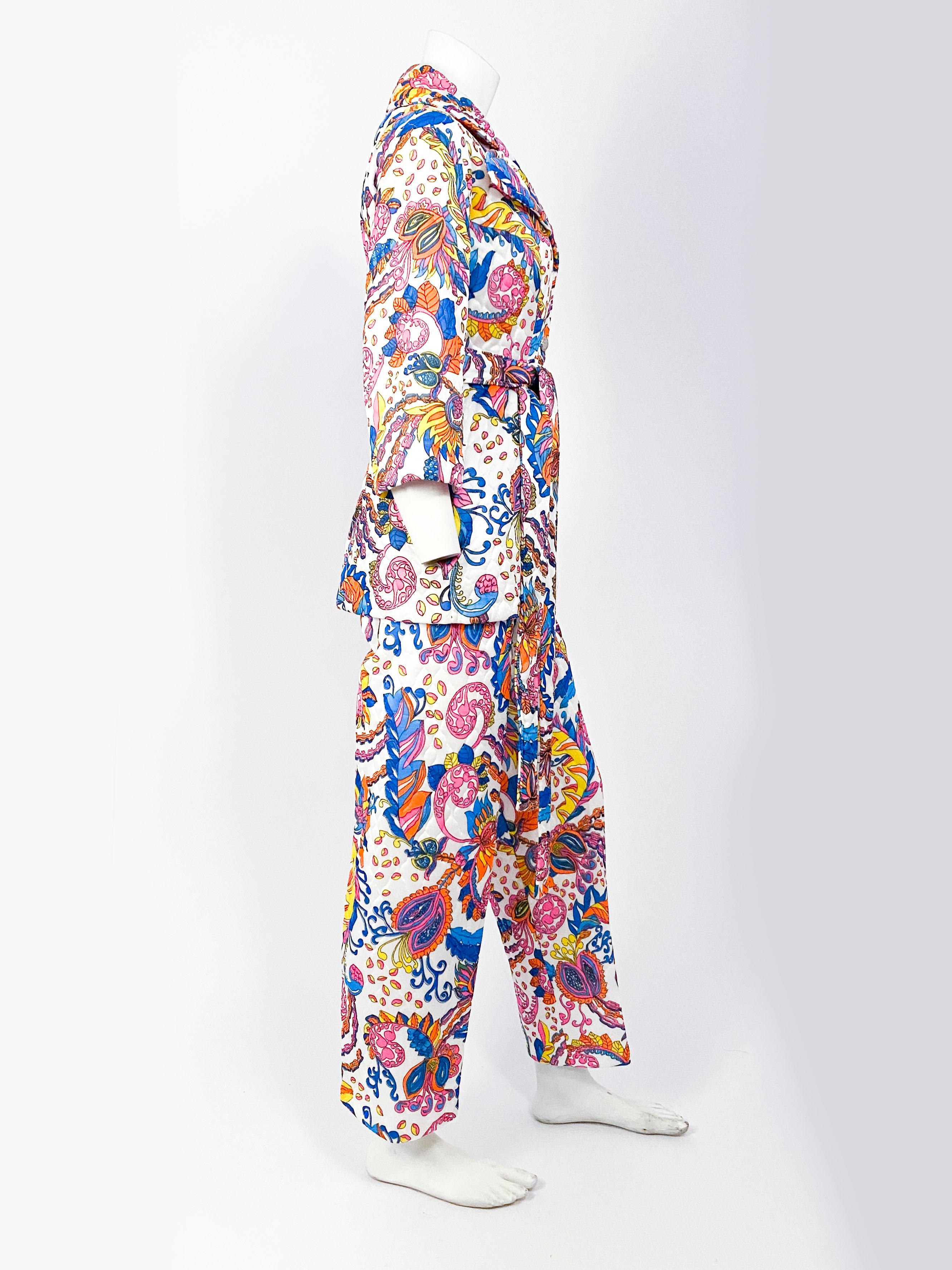 1970s Multi-Color Printed & Quilted Pant Suit Set In Good Condition In San Francisco, CA