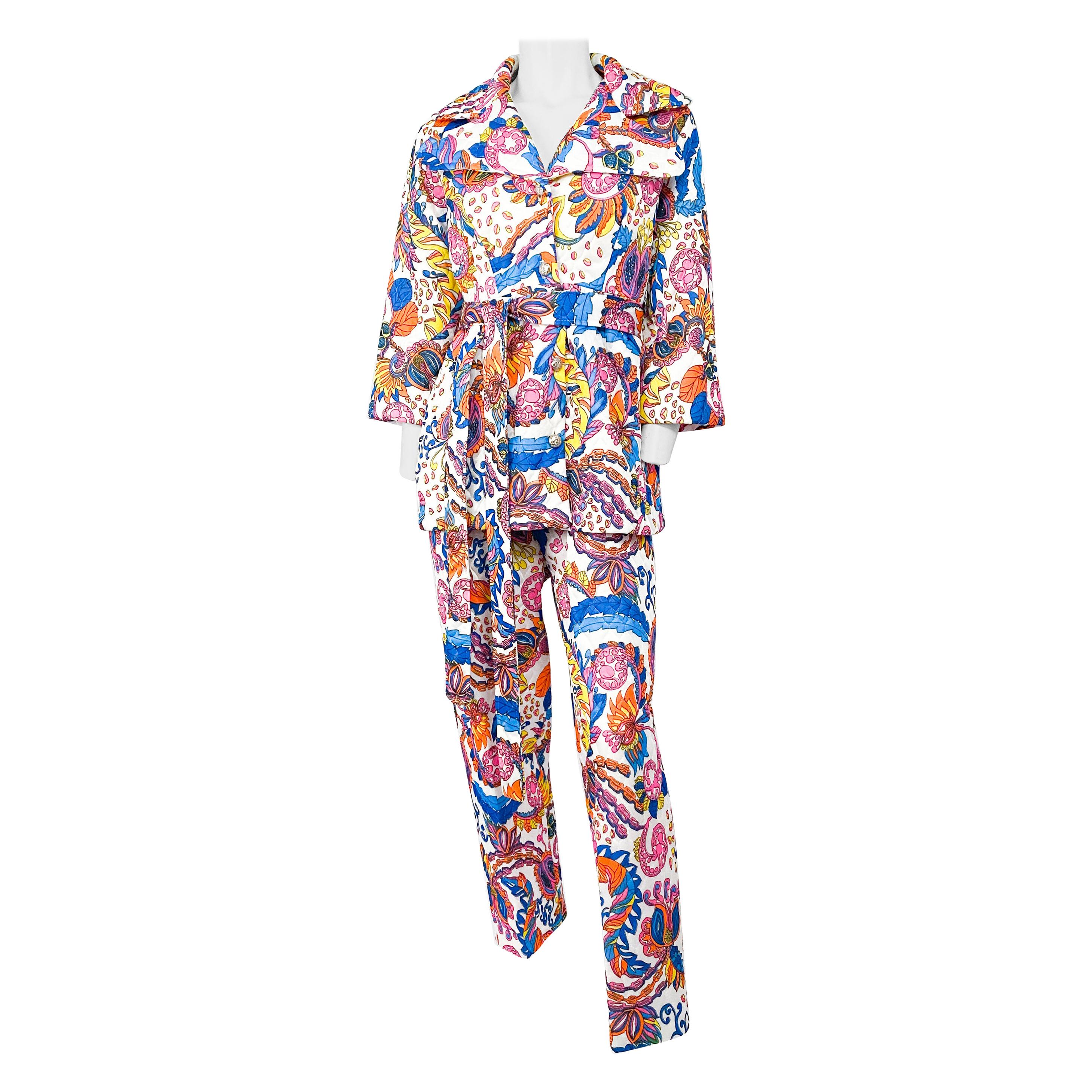 1970s Multi-Color Printed & Quilted Pant Suit Set