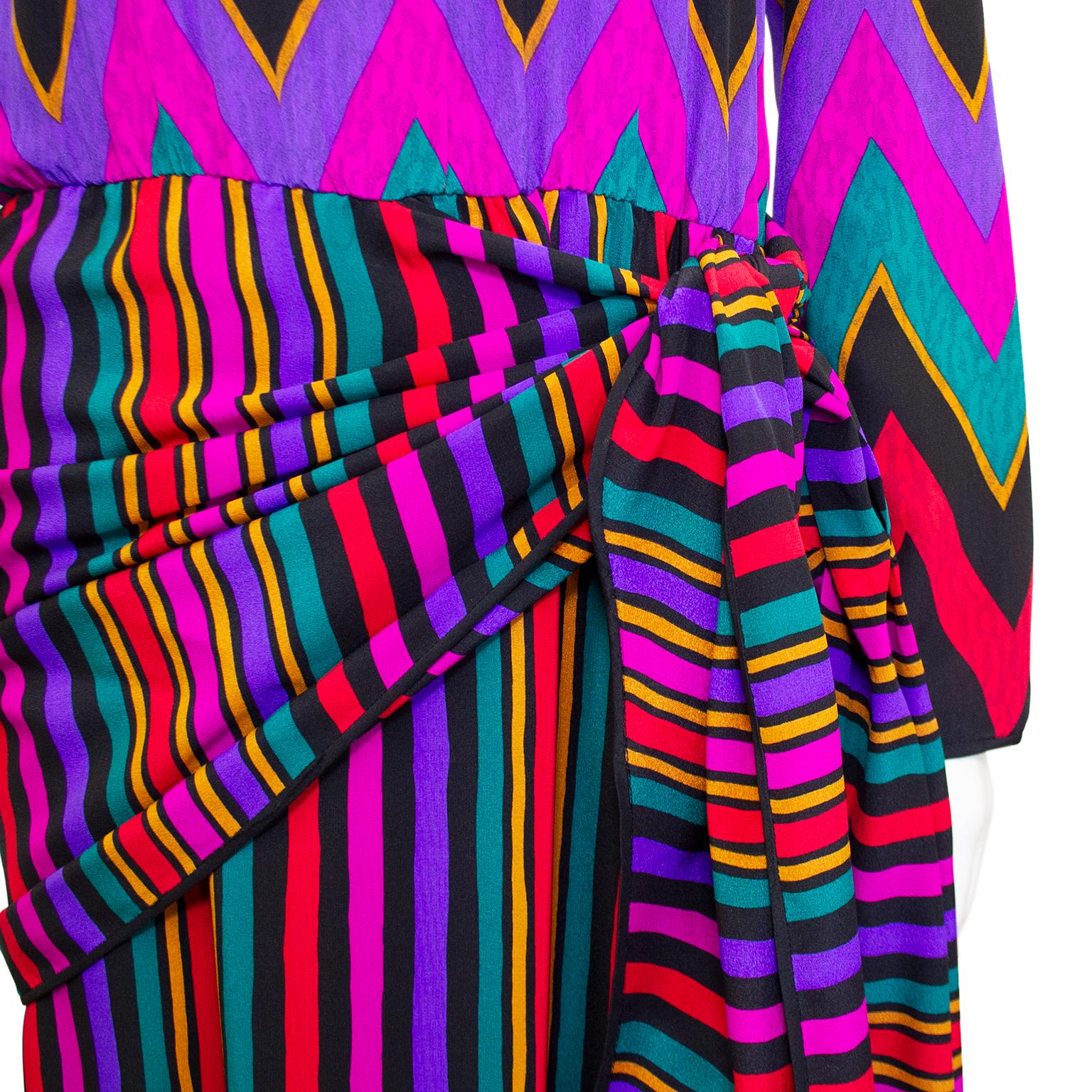Women's 1970's Multi-Color Silk Mid Length Dress