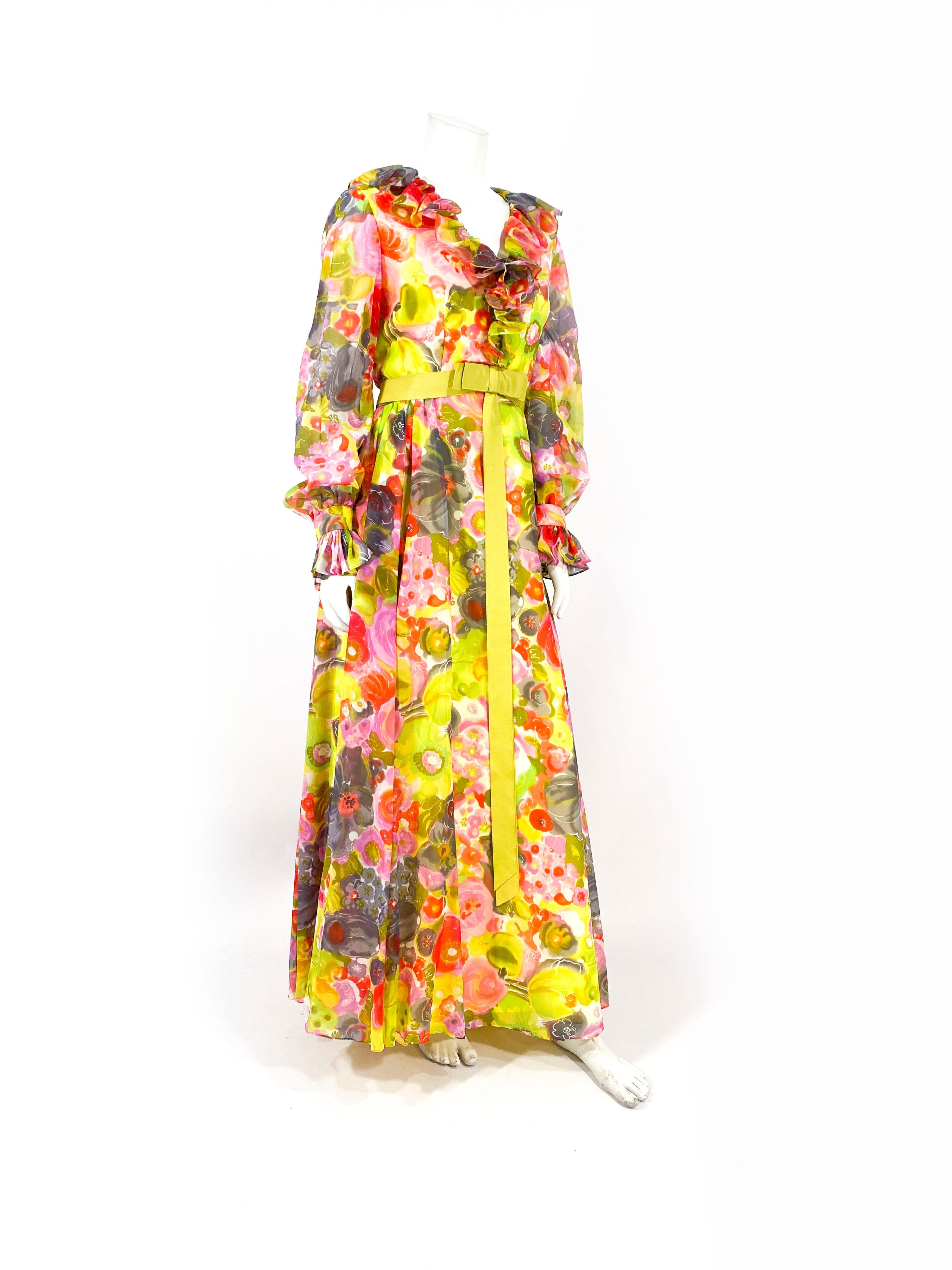 1970s Multi-colored Floral Printed Chiffon Dress In Good Condition In San Francisco, CA