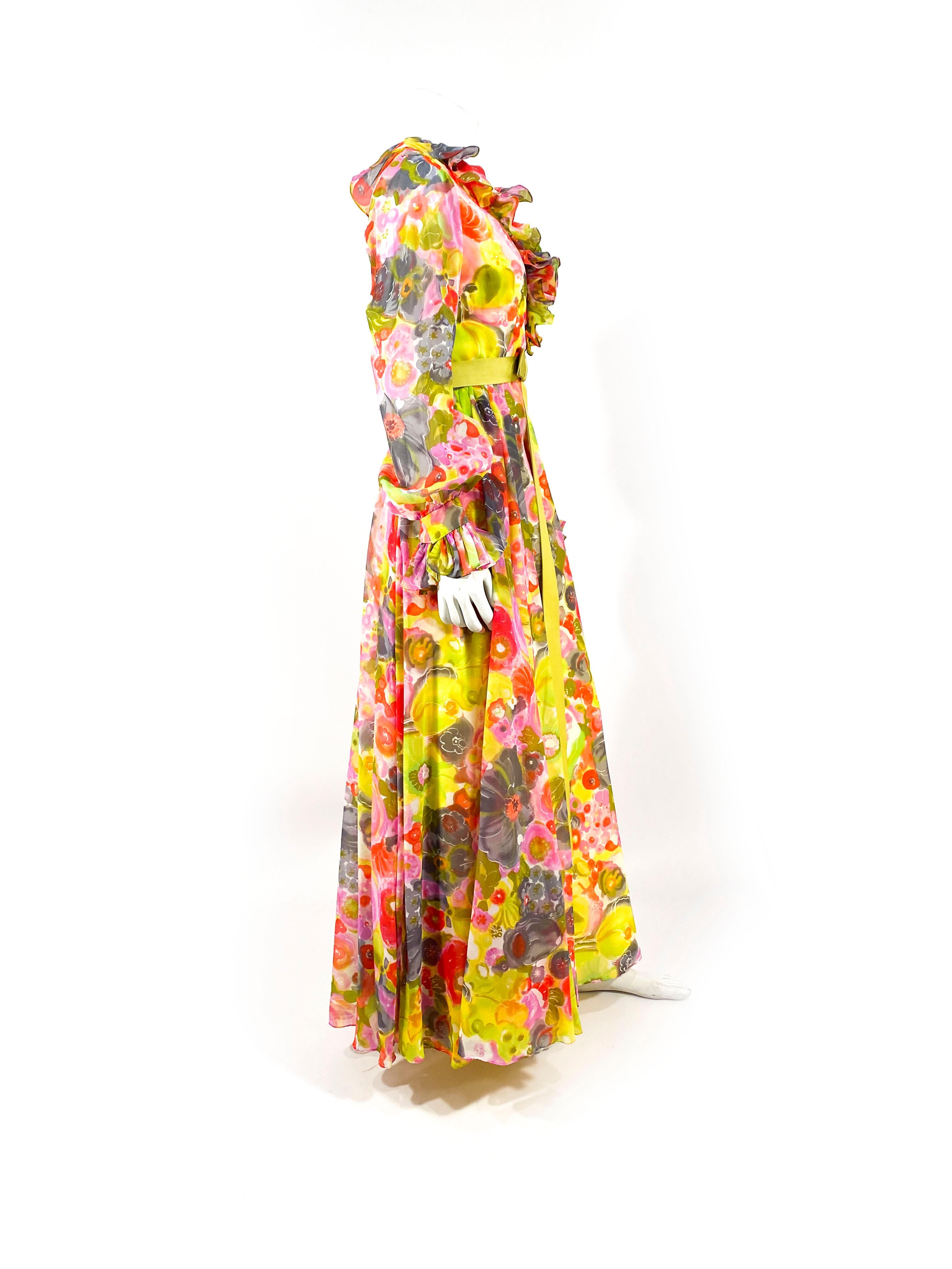 Women's 1970s Multi-colored Floral Printed Chiffon Dress