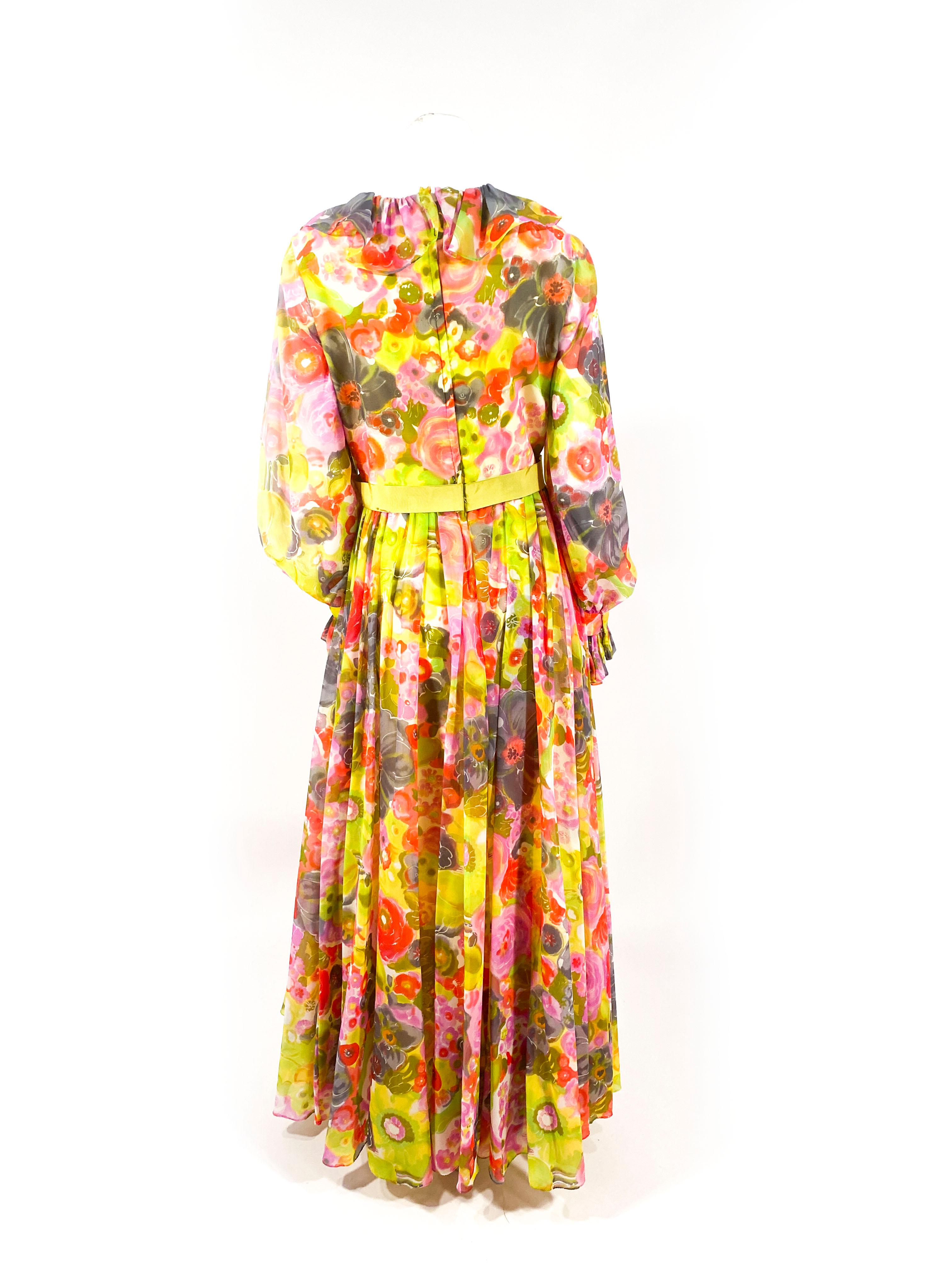 1970s Multi-colored Floral Printed Chiffon Dress 1