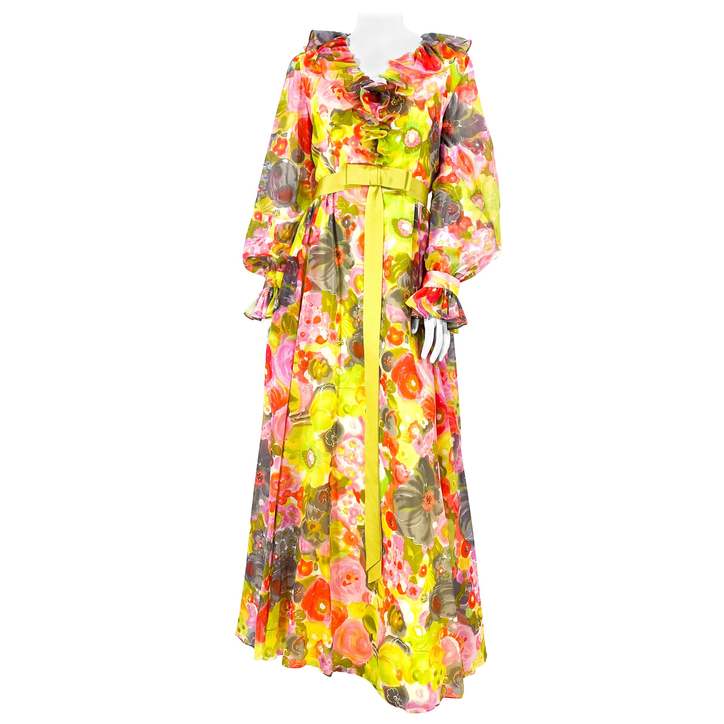 1970s Multi-colored Floral Printed Chiffon Dress