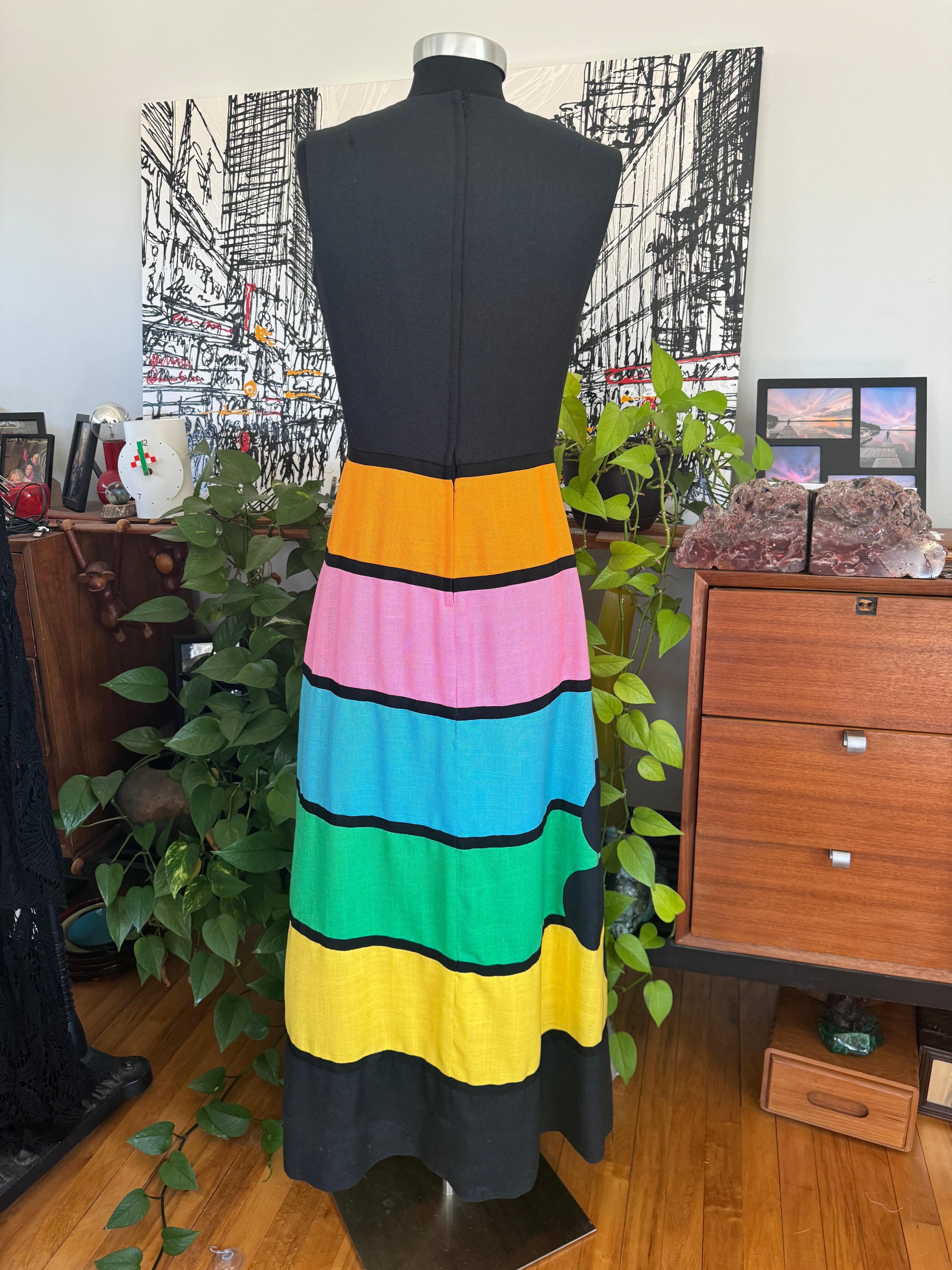 1970s Striped Floral Maxi Dress Daymor Couture Multi Colored For Sale 3
