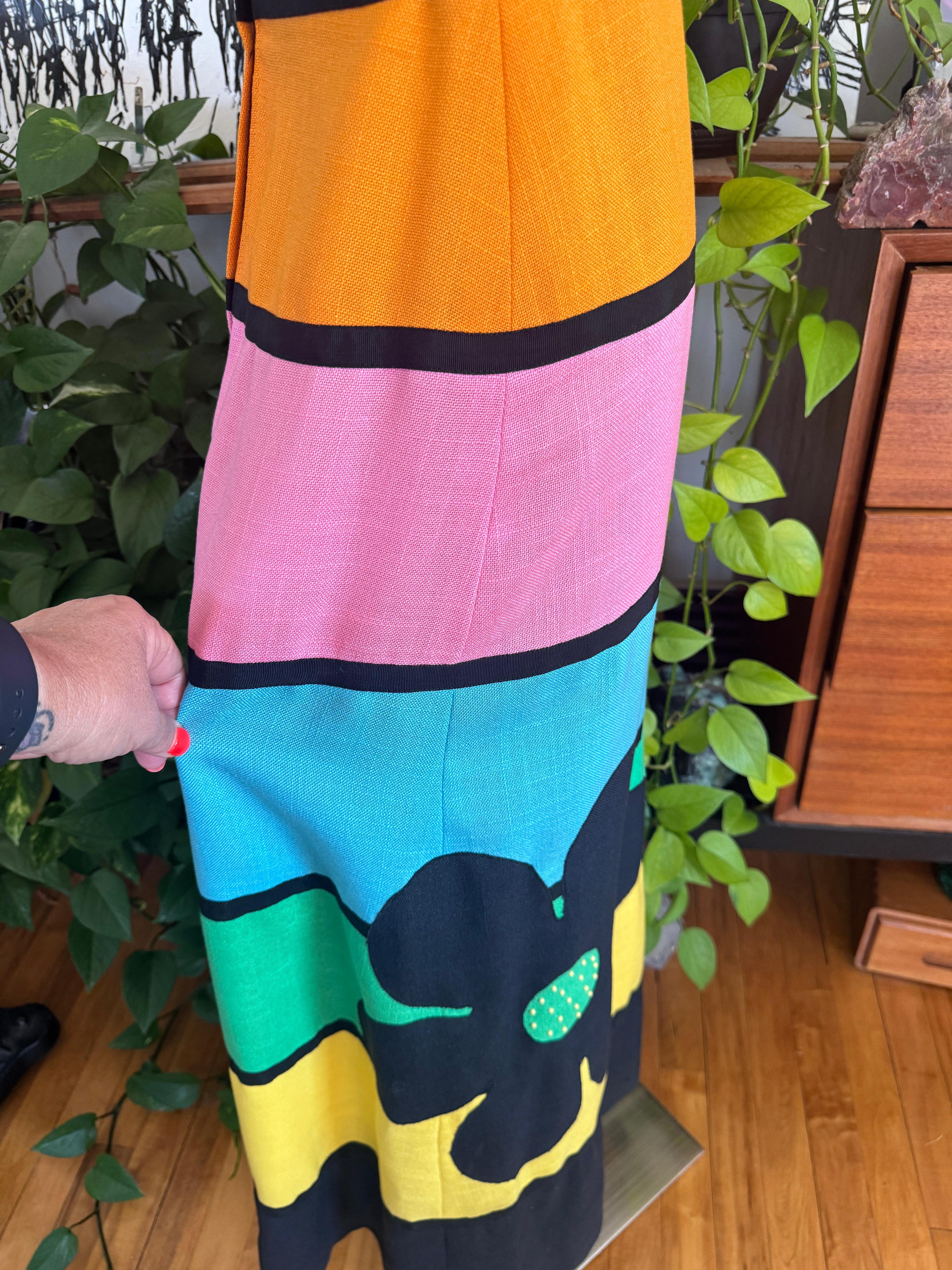 1970s Striped Floral Maxi Dress Daymor Couture Multi Colored For Sale 4