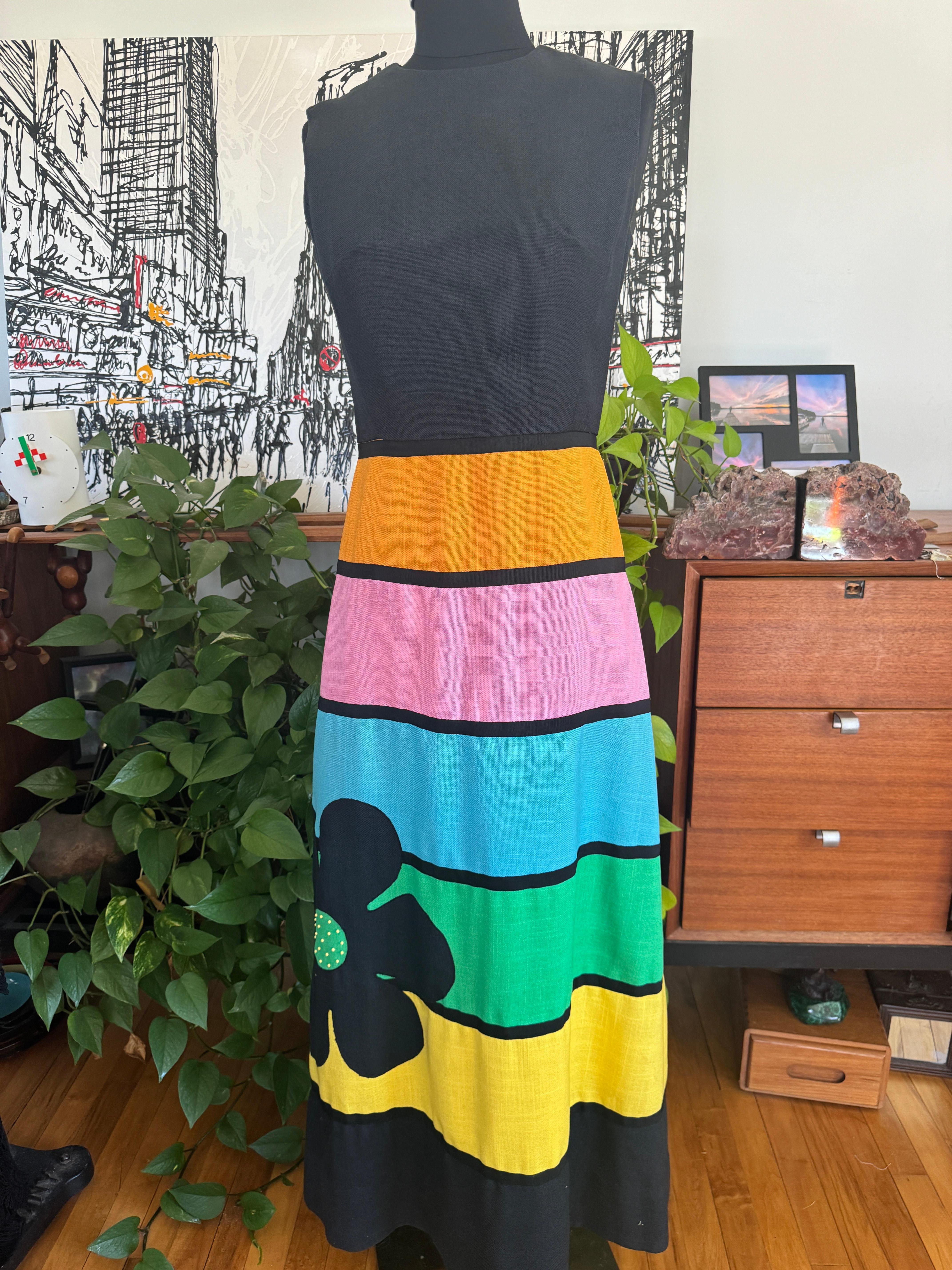 Women's 1970s Striped Floral Maxi Dress Daymor Couture Multi Colored For Sale