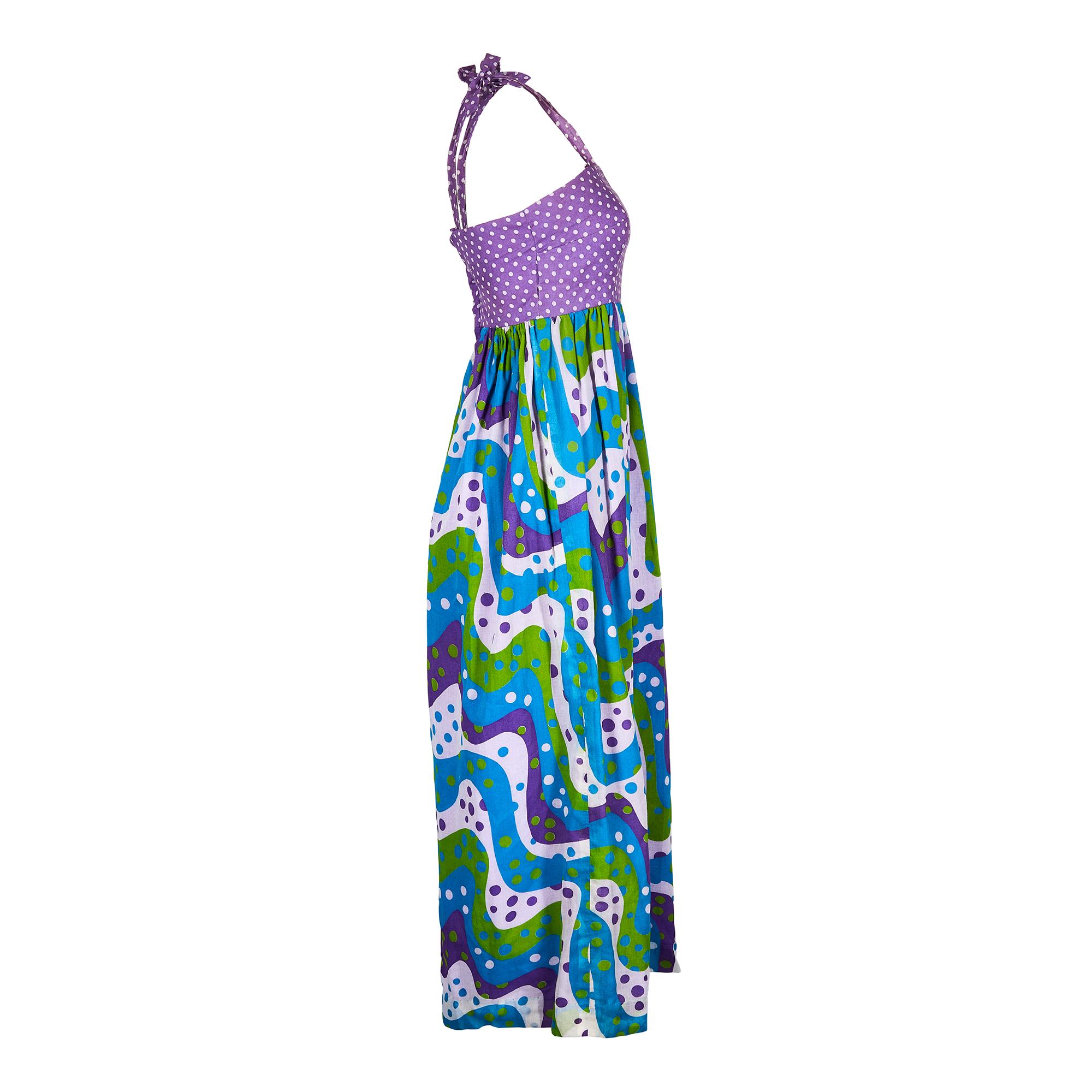 Blue 1970s Multi Coloured Polka Dot Maxi Dress For Sale