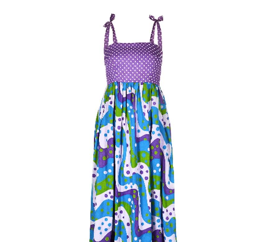 Women's 1970s Multi Coloured Polka Dot Maxi Dress For Sale