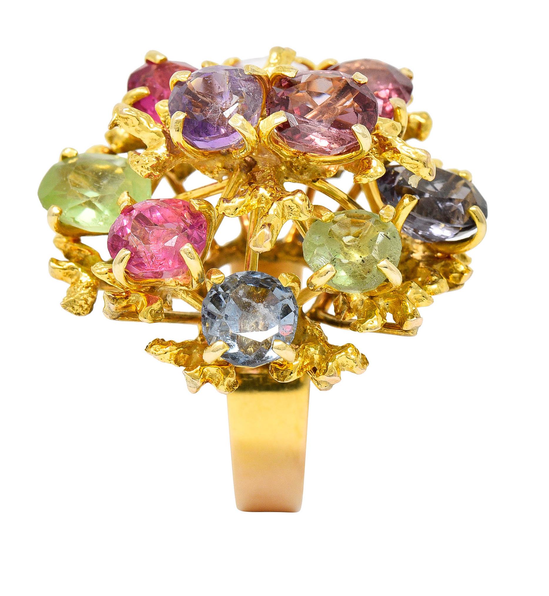 1970's Multi-Gem Spinel Peridot 14 Karat Gold Branching Cluster Ring 1