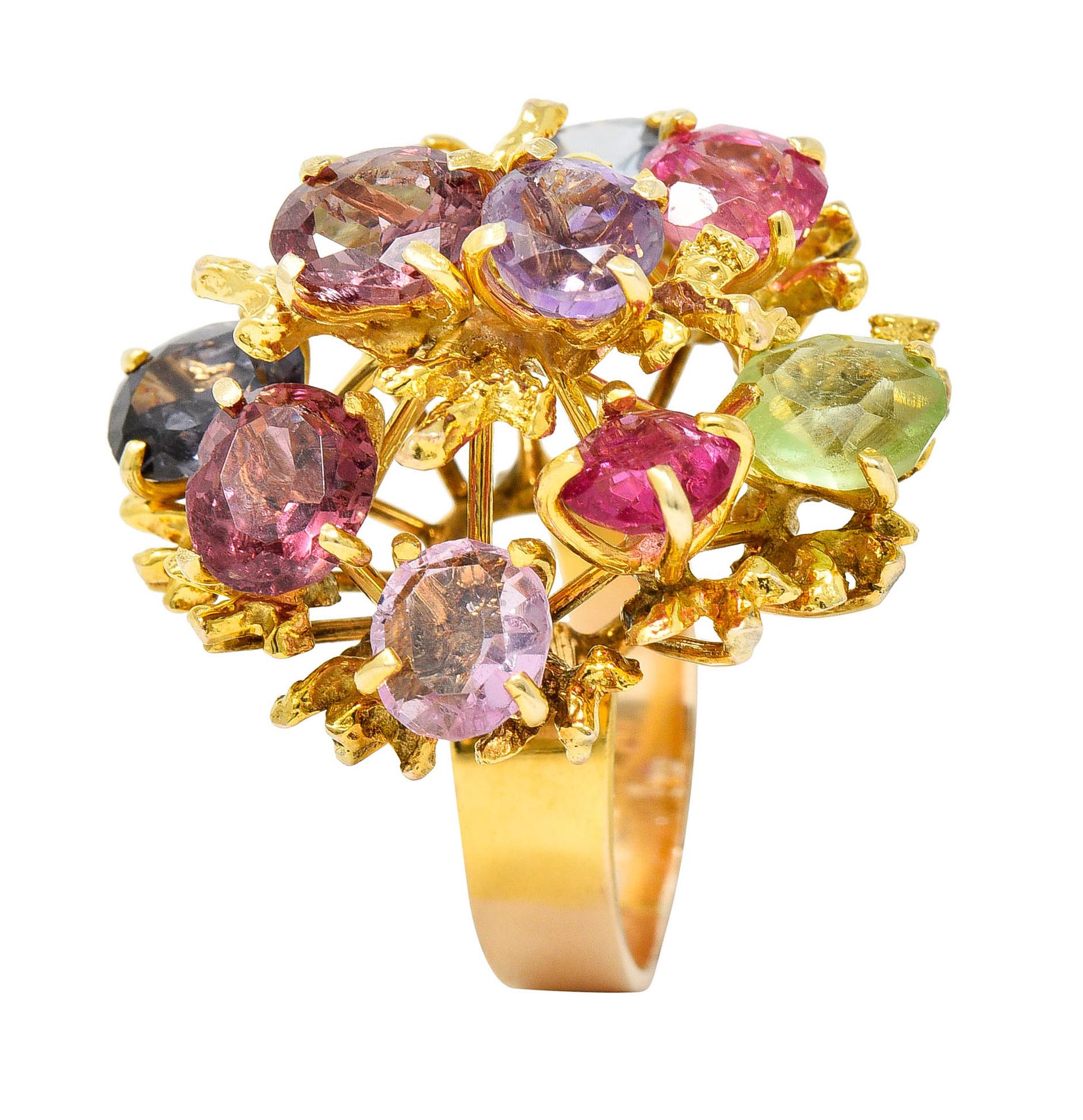 1970's Multi-Gem Spinel Peridot 14 Karat Gold Branching Cluster Ring 2