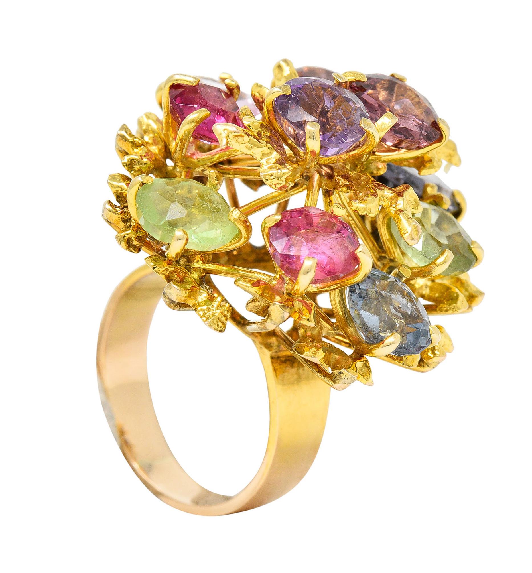1970's Multi-Gem Spinel Peridot 14 Karat Gold Branching Cluster Ring 3