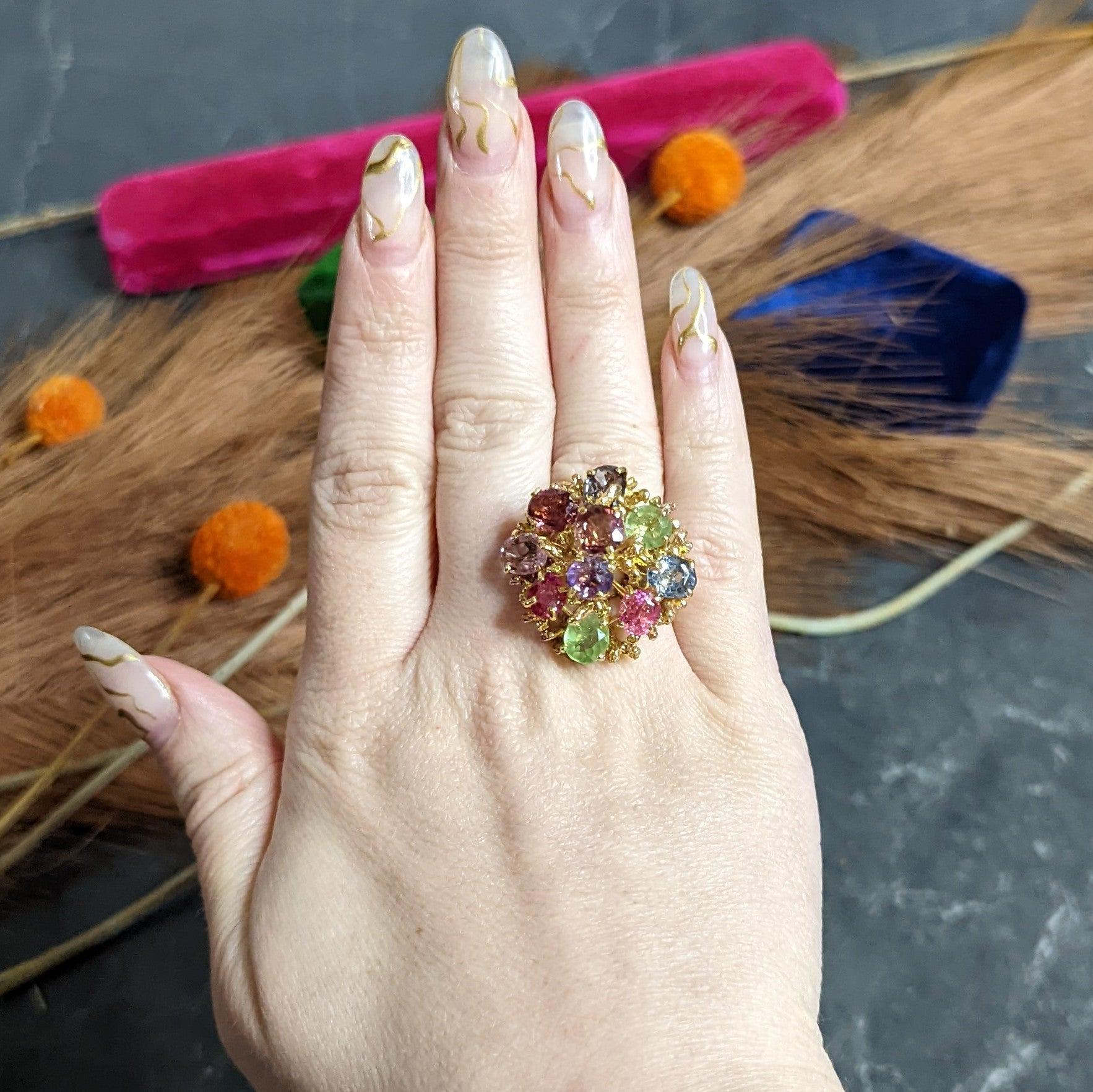 1970's Multi-Gem Spinel Peridot 14 Karat Gold Branching Cluster Ring 4