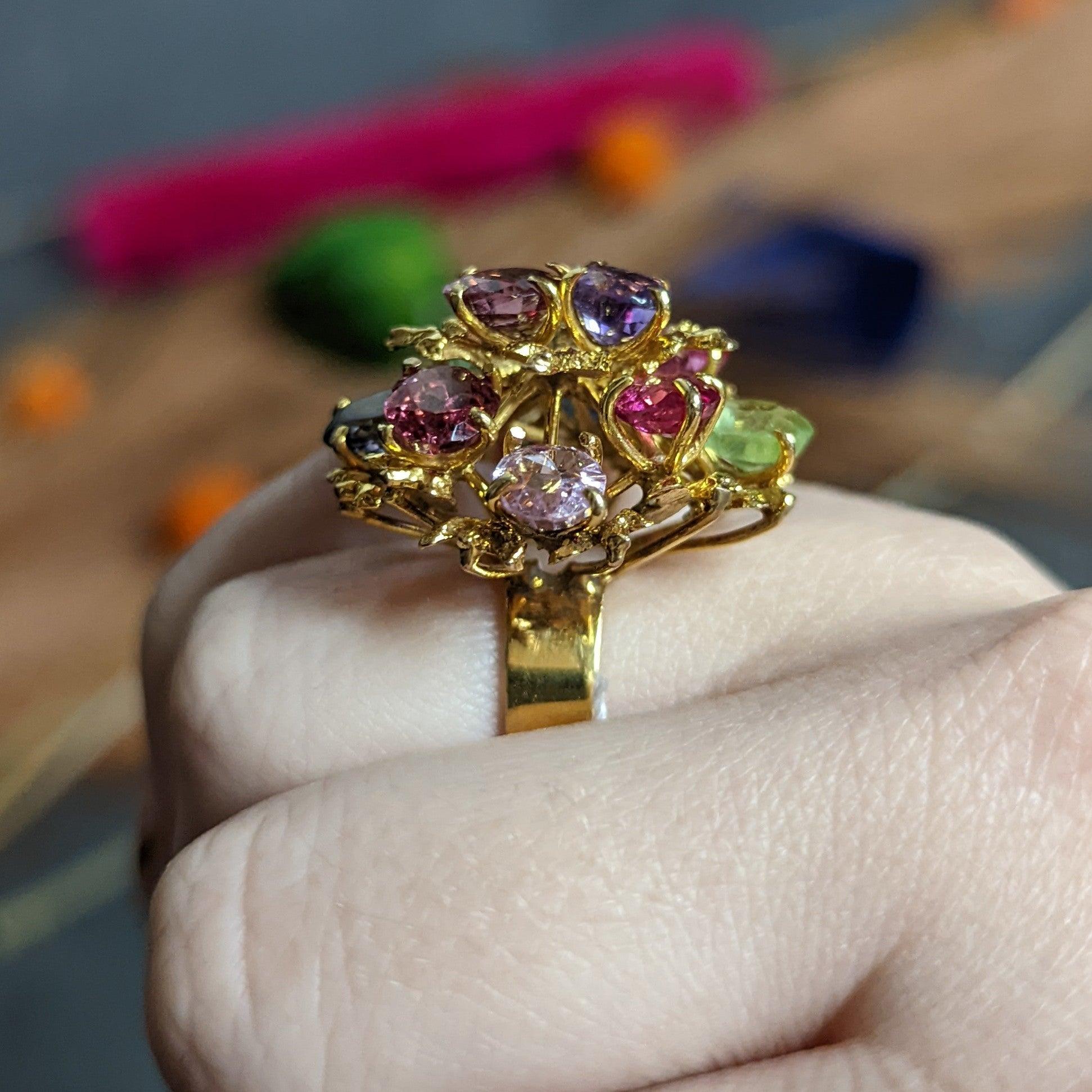 1970's Multi-Gem Spinel Peridot 14 Karat Gold Branching Cluster Ring 5