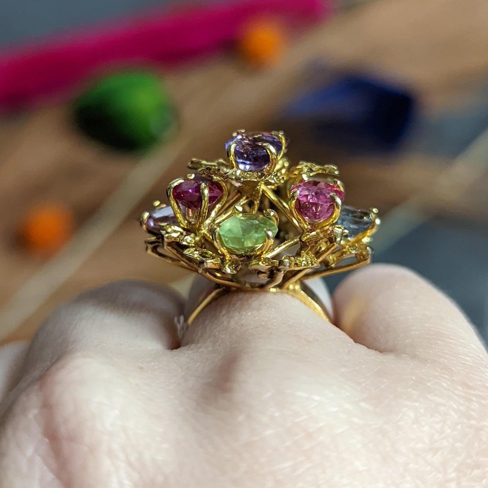 1970's Multi-Gem Spinel Peridot 14 Karat Gold Branching Cluster Ring 6