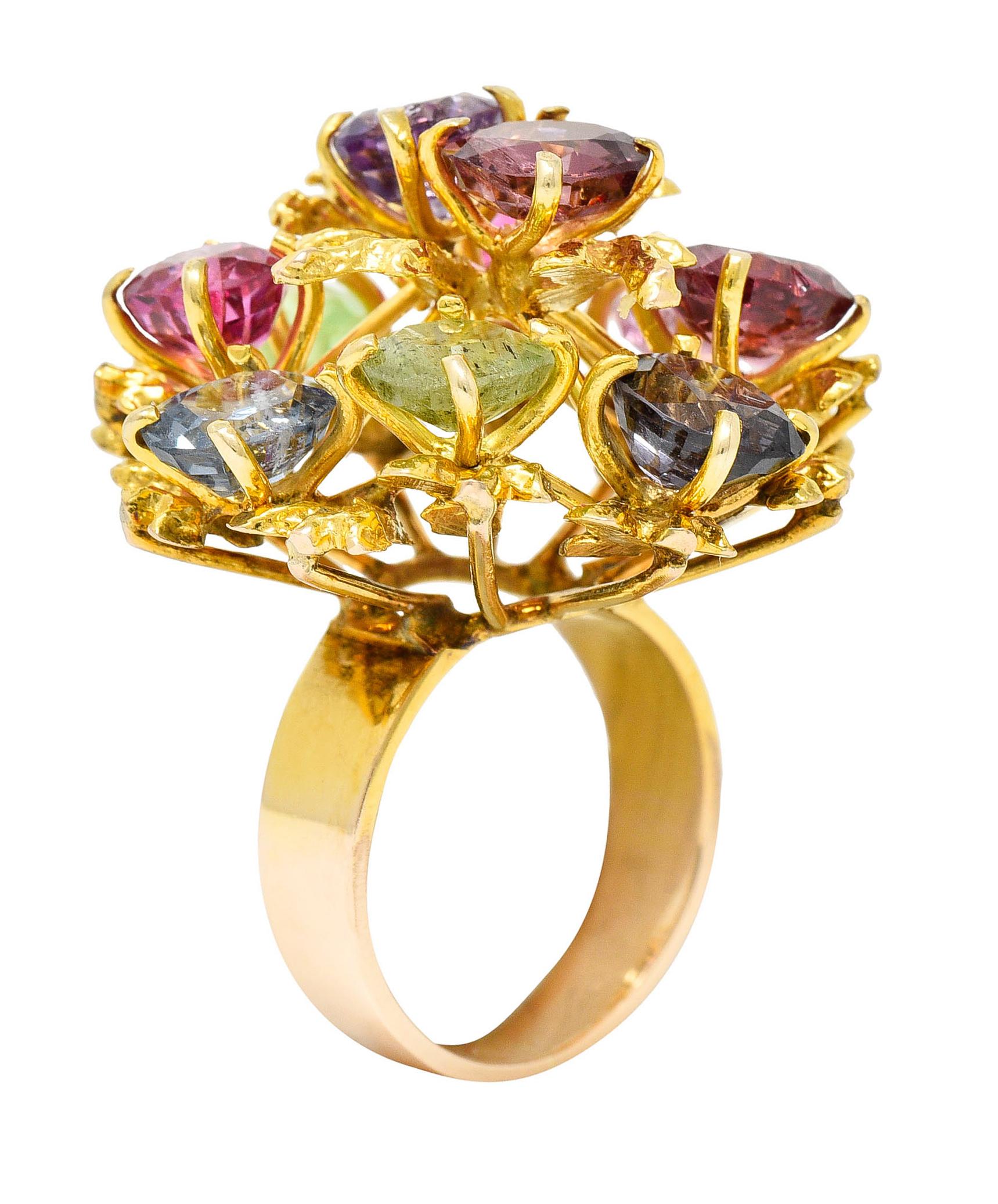 Cluster ring is designed as an organic burst motif comprised of amethyst, spinel, peridot and others

Gemstones are cushion, round and oval cut - ranging in size from 5.5 x 6.0 mm to 6.0 x 7.0 mm

Gemstones are well matched - translucent and light