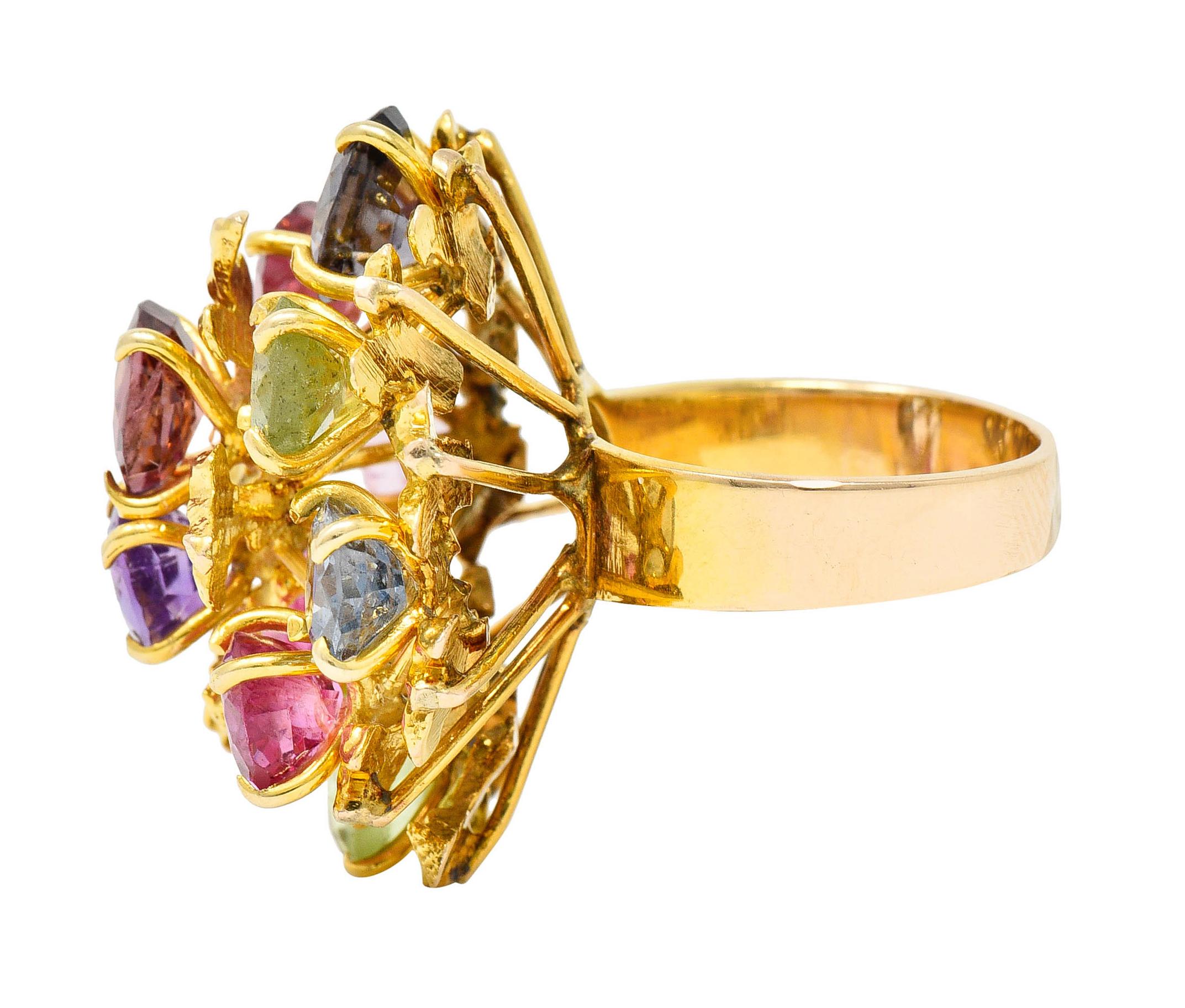Contemporary 1970's Multi-Gem Spinel Peridot 14 Karat Gold Branching Cluster Ring
