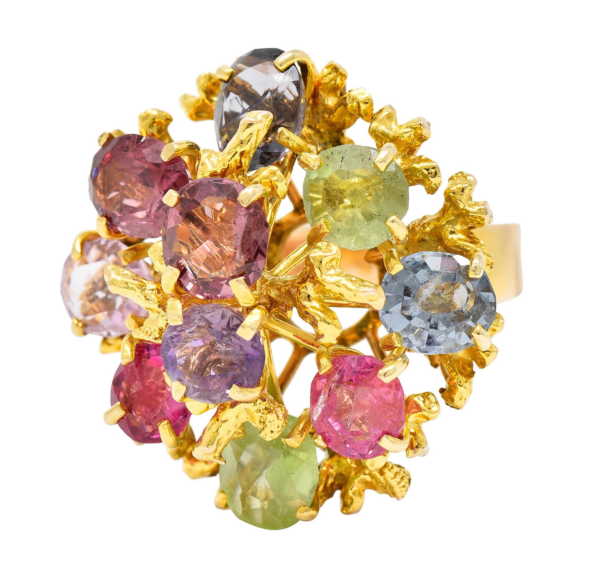 Oval Cut 1970's Multi-Gem Spinel Peridot 14 Karat Gold Branching Cluster Ring