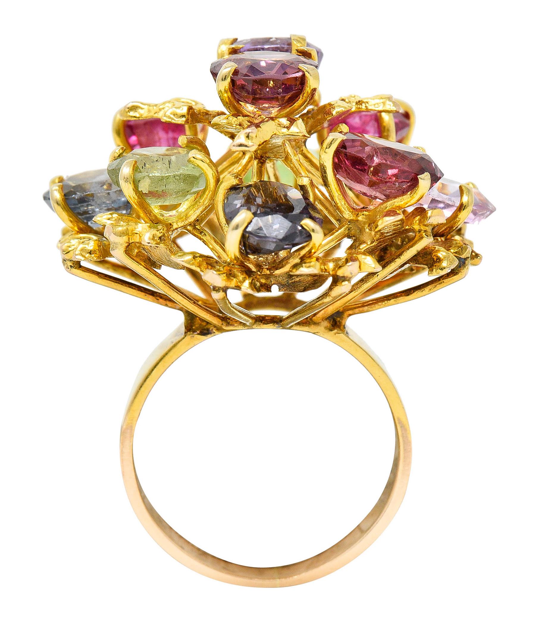 1970's Multi-Gem Spinel Peridot 14 Karat Gold Branching Cluster Ring In Excellent Condition In Philadelphia, PA