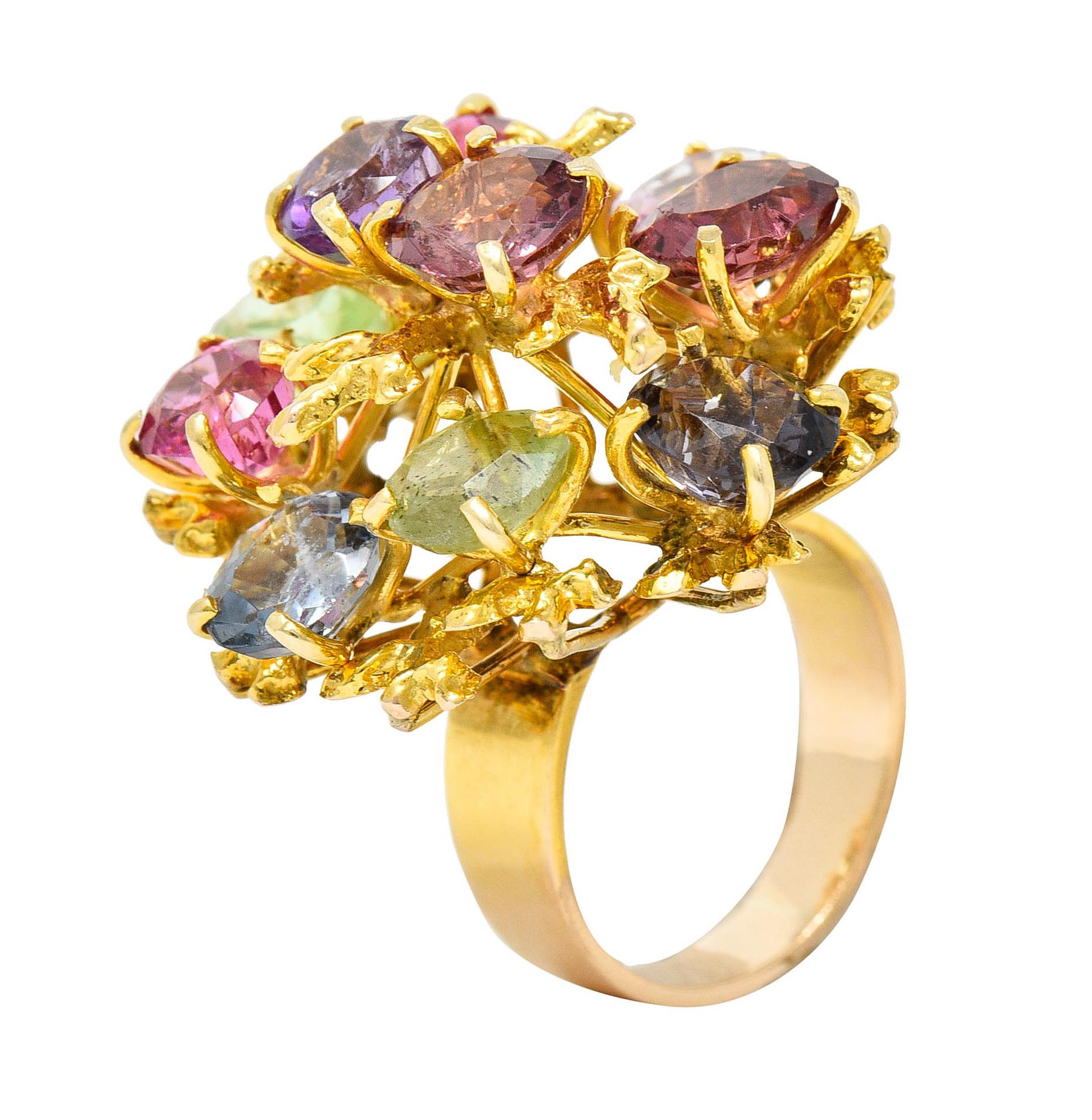 Women's or Men's 1970's Multi-Gem Spinel Peridot 14 Karat Gold Branching Cluster Ring