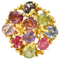 1970's Multi-Gem Spinel Peridot 14 Karat Gold Branching Cluster Ring