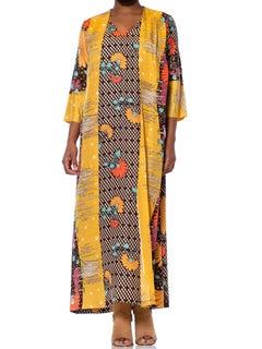 1970'S Multicolor Acetate Psychedelic Print Floral Kaftan House Dress With Atta
