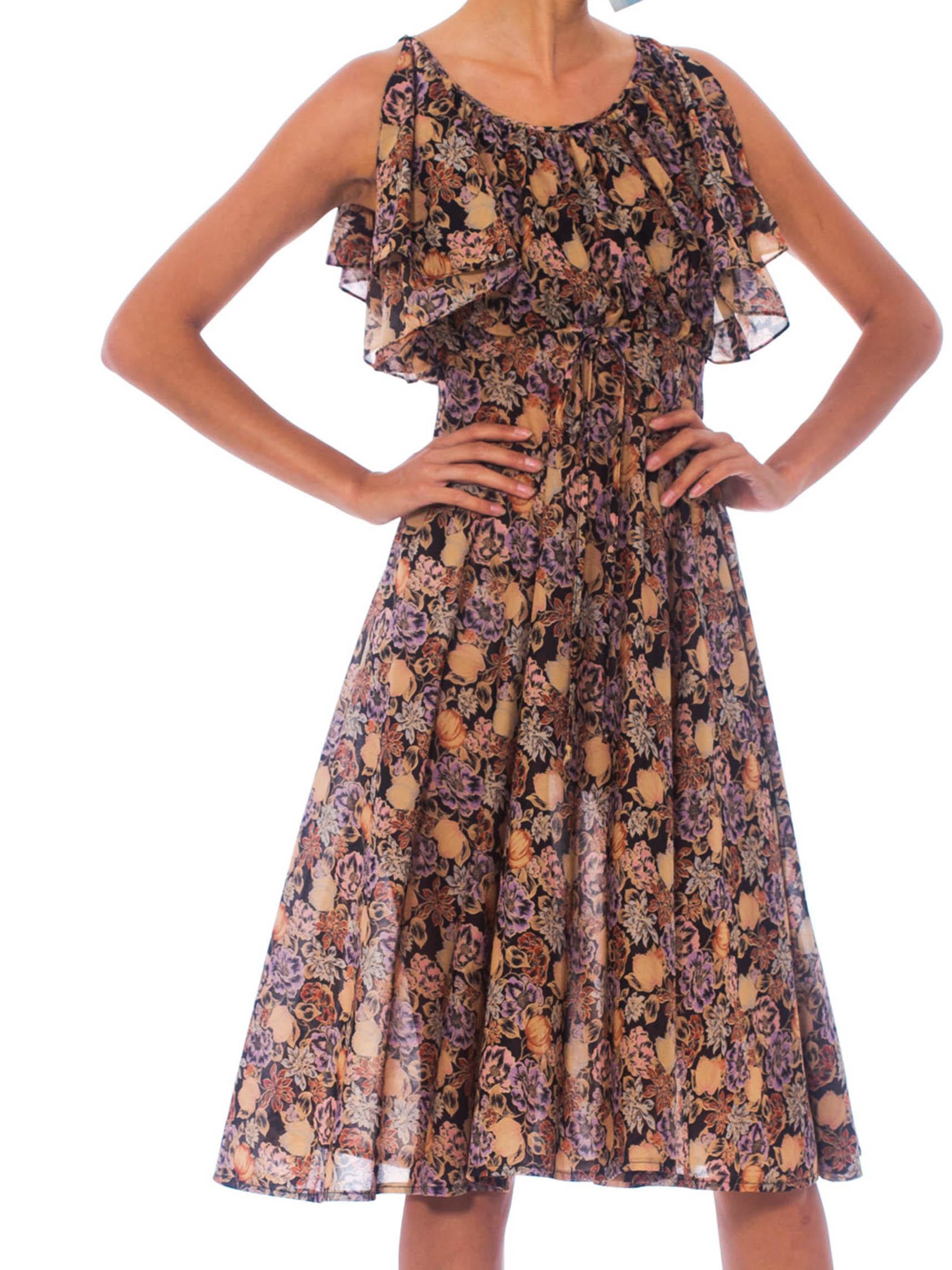 Brown 1970S Multicolor Floral Polyester Ruffle Sleeve Dress