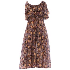 1970S Multicolor Floral Polyester Ruffle Sleeve Dress