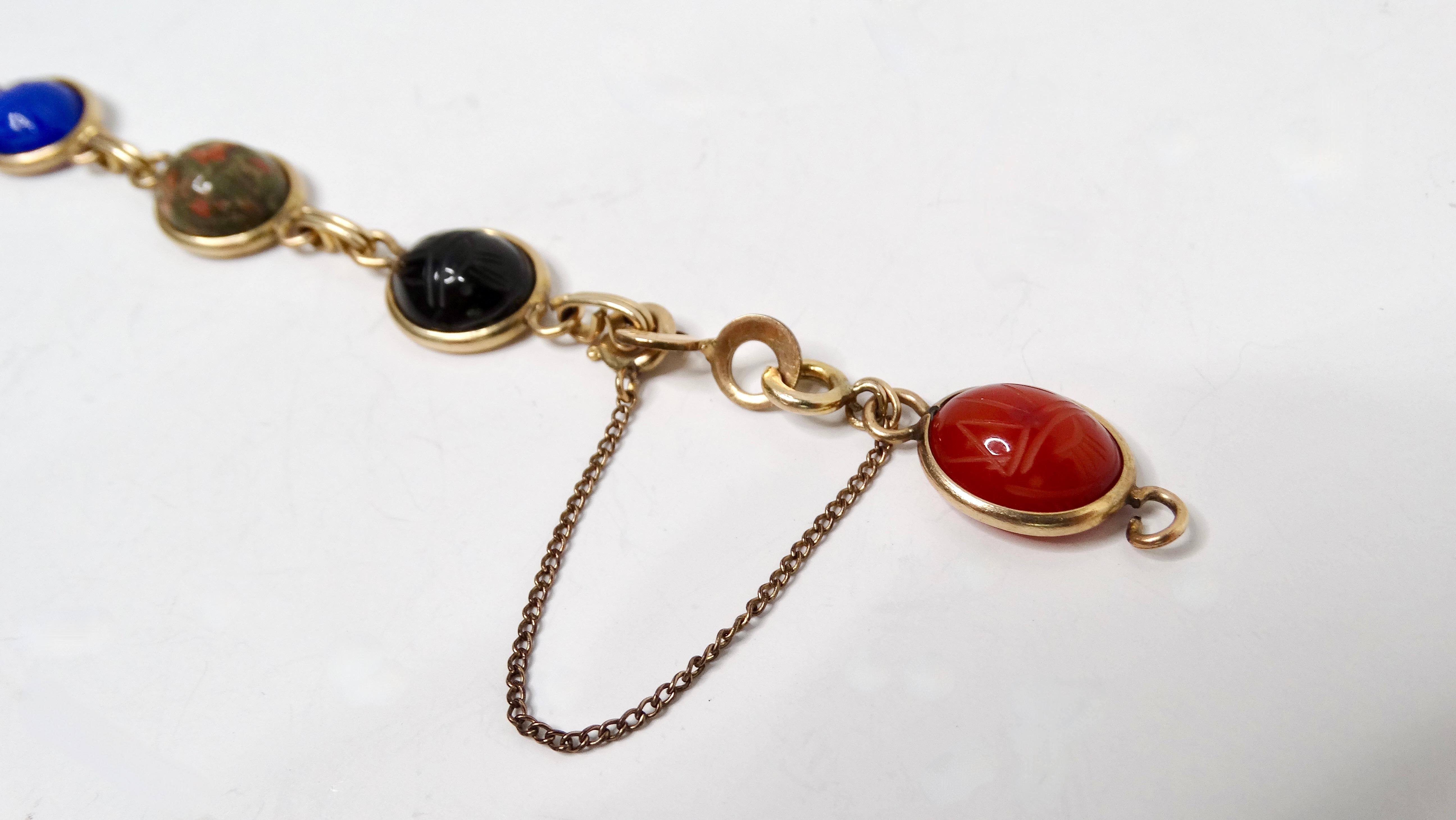 1970s Multicolor Gemstone Scarab Beetle Carved 12k Gold Filled Bracelet In Good Condition For Sale In Scottsdale, AZ
