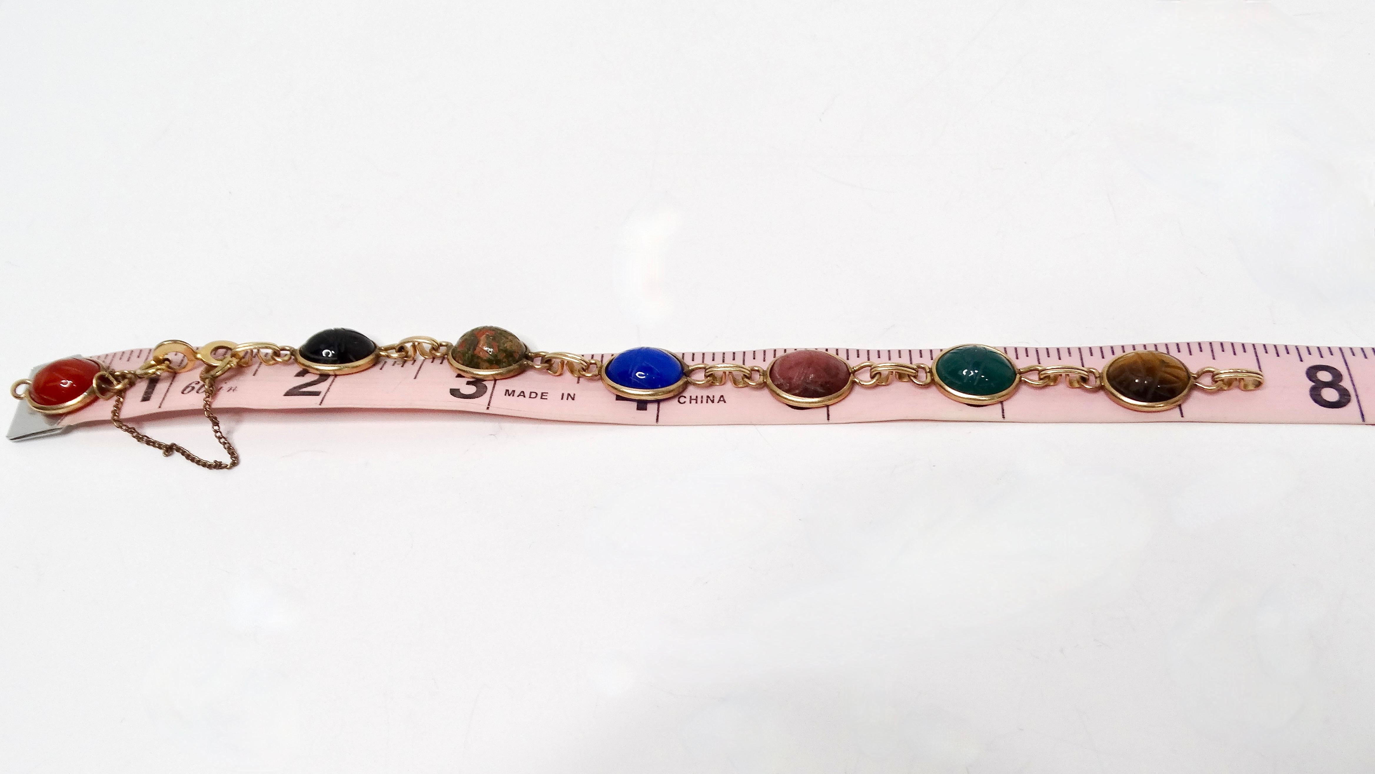 1970s Multicolor Gemstone Scarab Beetle Carved 12k Gold Filled Bracelet For Sale 2
