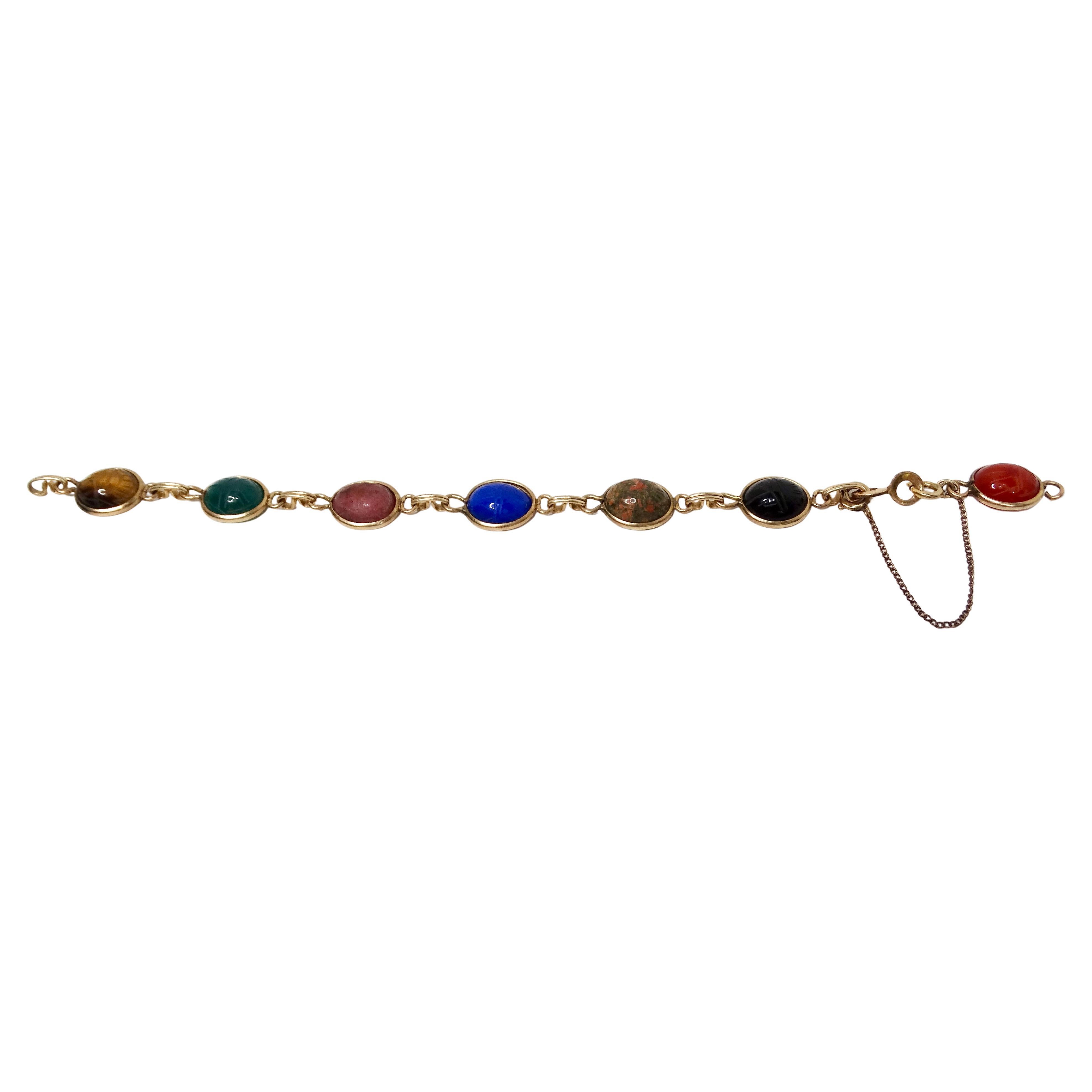 1970s Multicolor Gemstone Scarab Beetle Carved 12k Gold Filled Bracelet For Sale