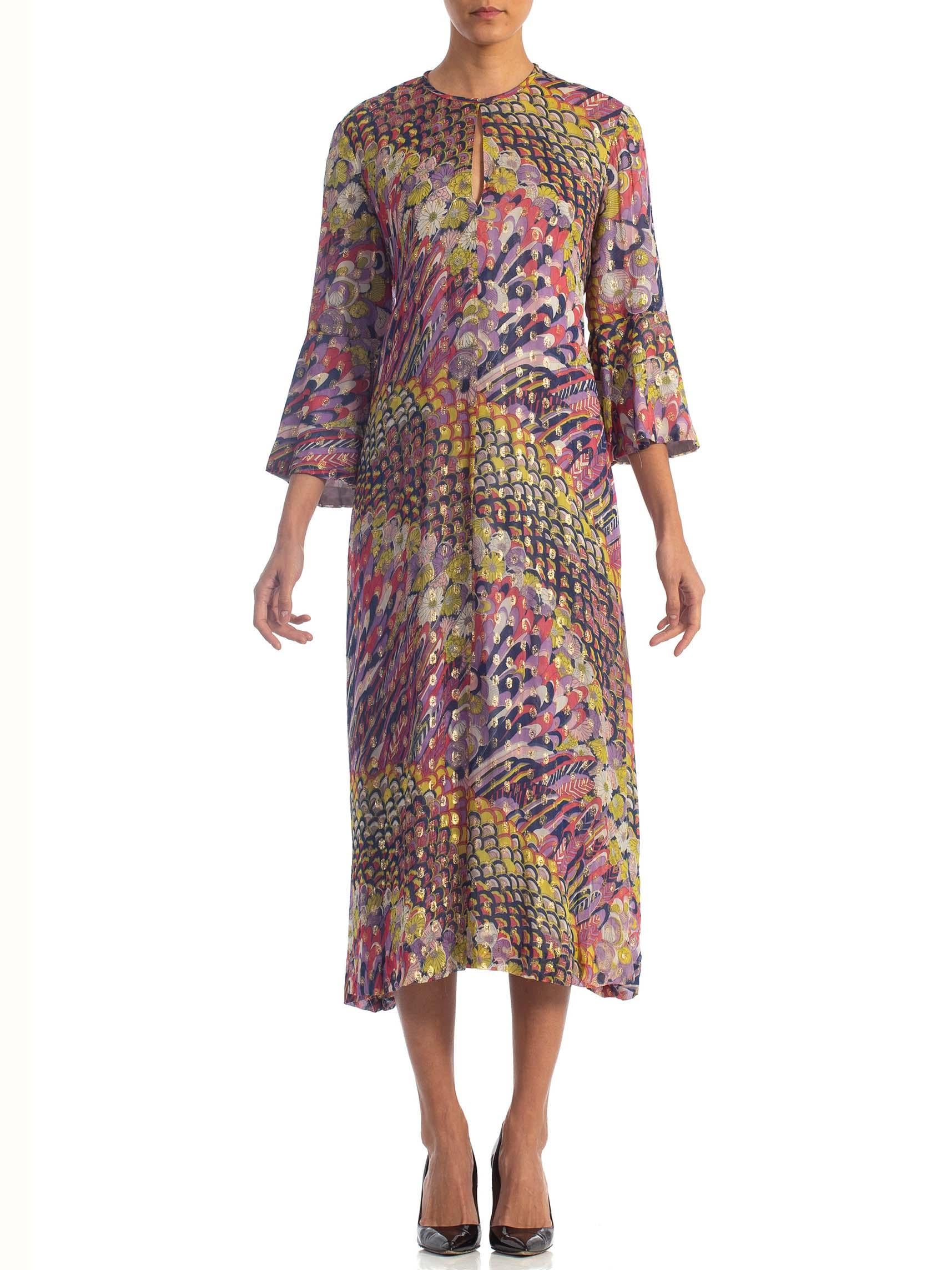 1970S Multicolor Gold Lamé Rayon Chiffon Free-Size Kaftan Dress With Pockets And Belt