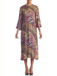 1970S Multicolor Gold Lamé Rayon Chiffon Free-Size Kaftan Dress With Pockets An