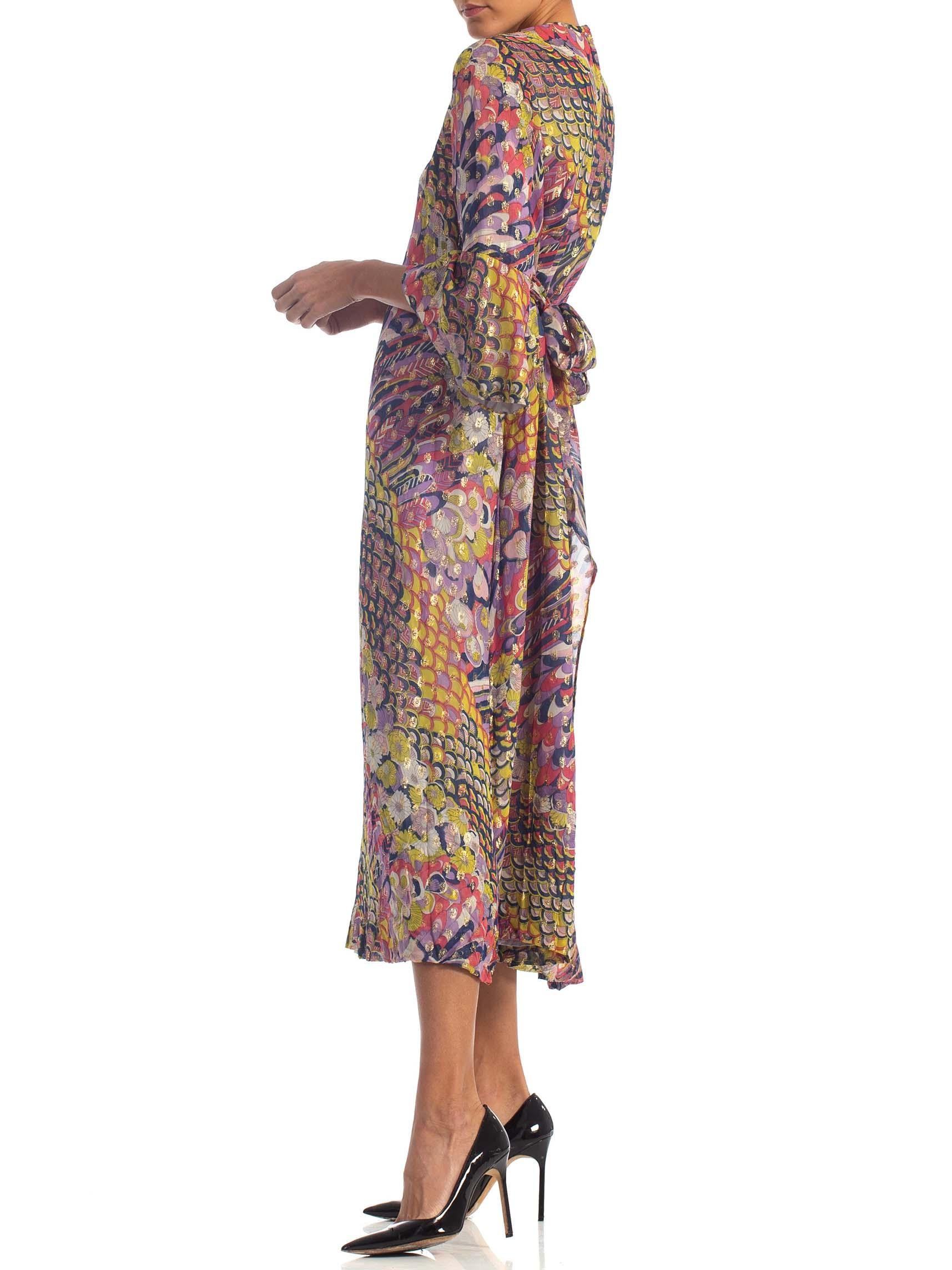 Women's 1970S Multicolor Gold Lamé Rayon Chiffon Free-Size Kaftan Dress With Pockets An