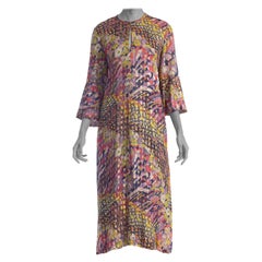 1970S Multicolor Gold Lamé Rayon Chiffon Free-Size Kaftan Dress With Pockets An