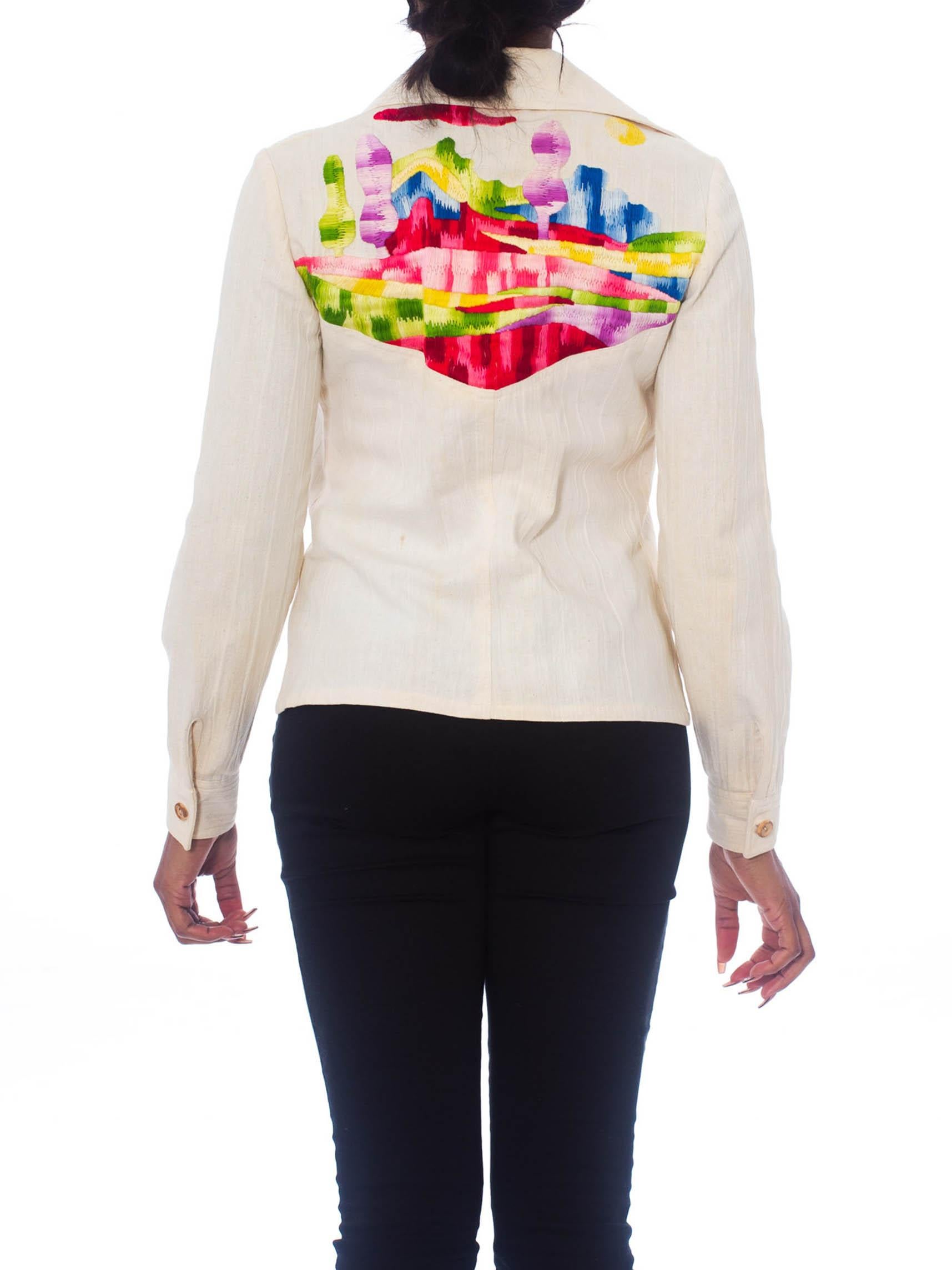 Beige 1970S Multicolor Hand Embroidered Cotton Western Shirt